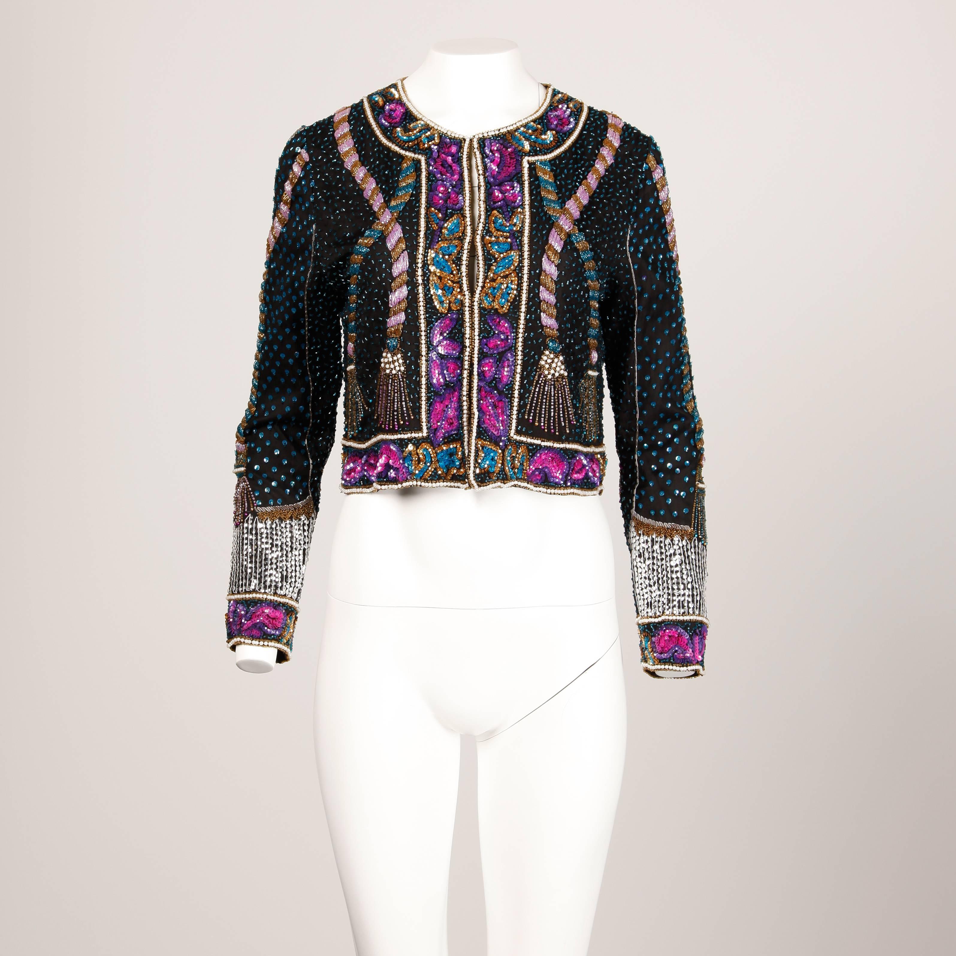 Unworn with Tags Vintage Beaded + Sequin Silk Trophy Jacket with Tassel Design In New Condition In Sparks, NV