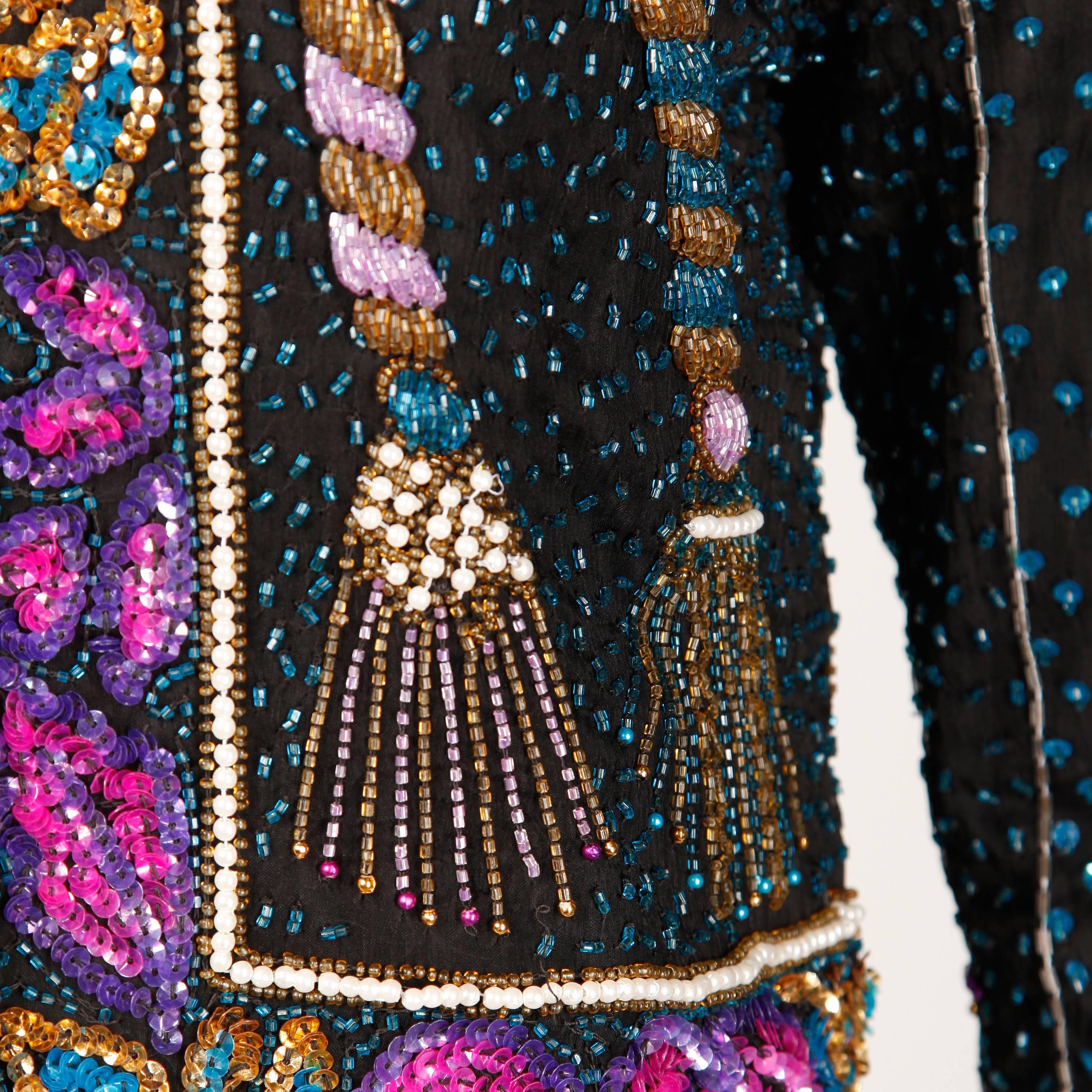 Women's Unworn with Tags Vintage Beaded + Sequin Silk Trophy Jacket with Tassel Design