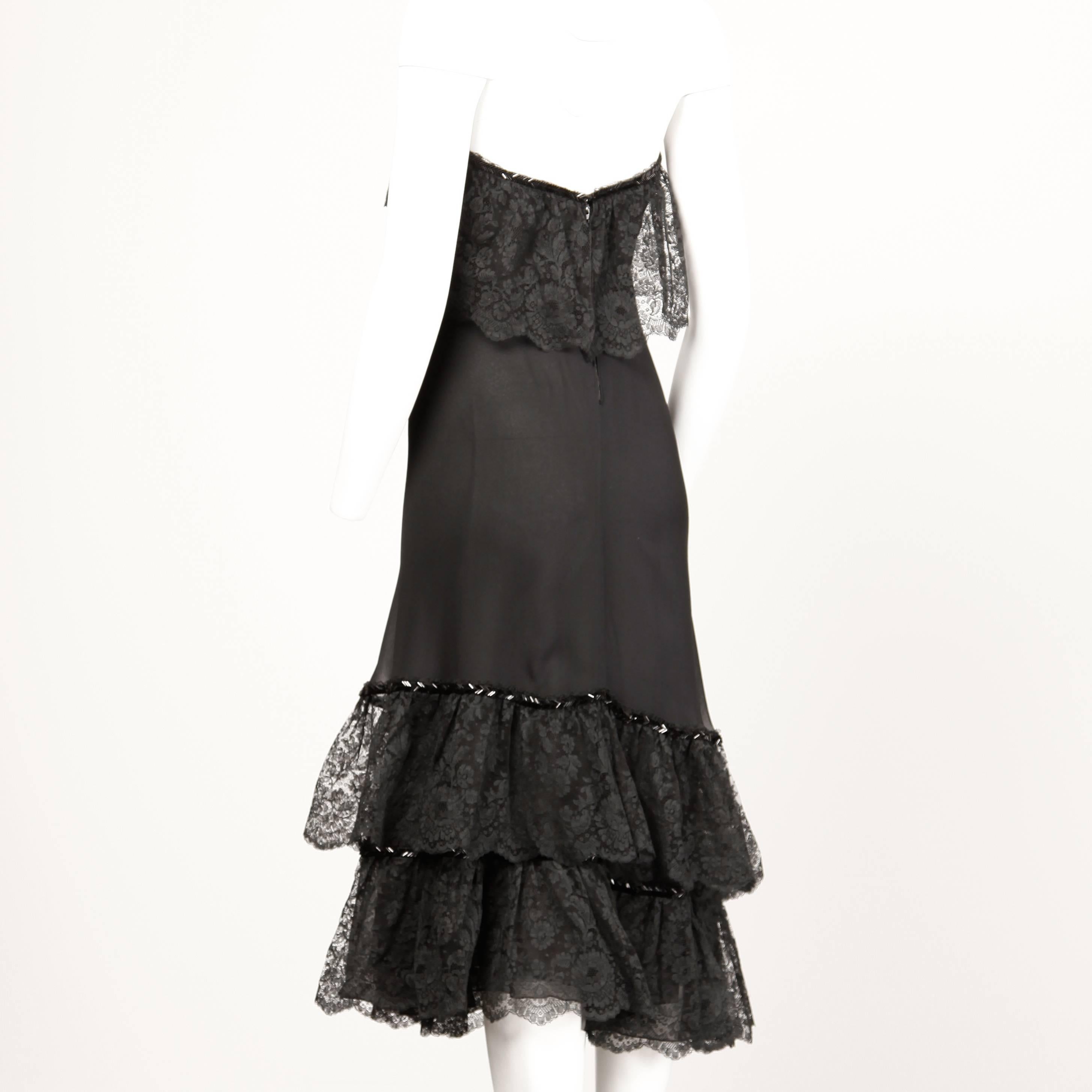 Women's Stavropoulos 1970s Vintage Black Beaded Silk Lace Dress + Wrap 2-Piece Ensemble For Sale