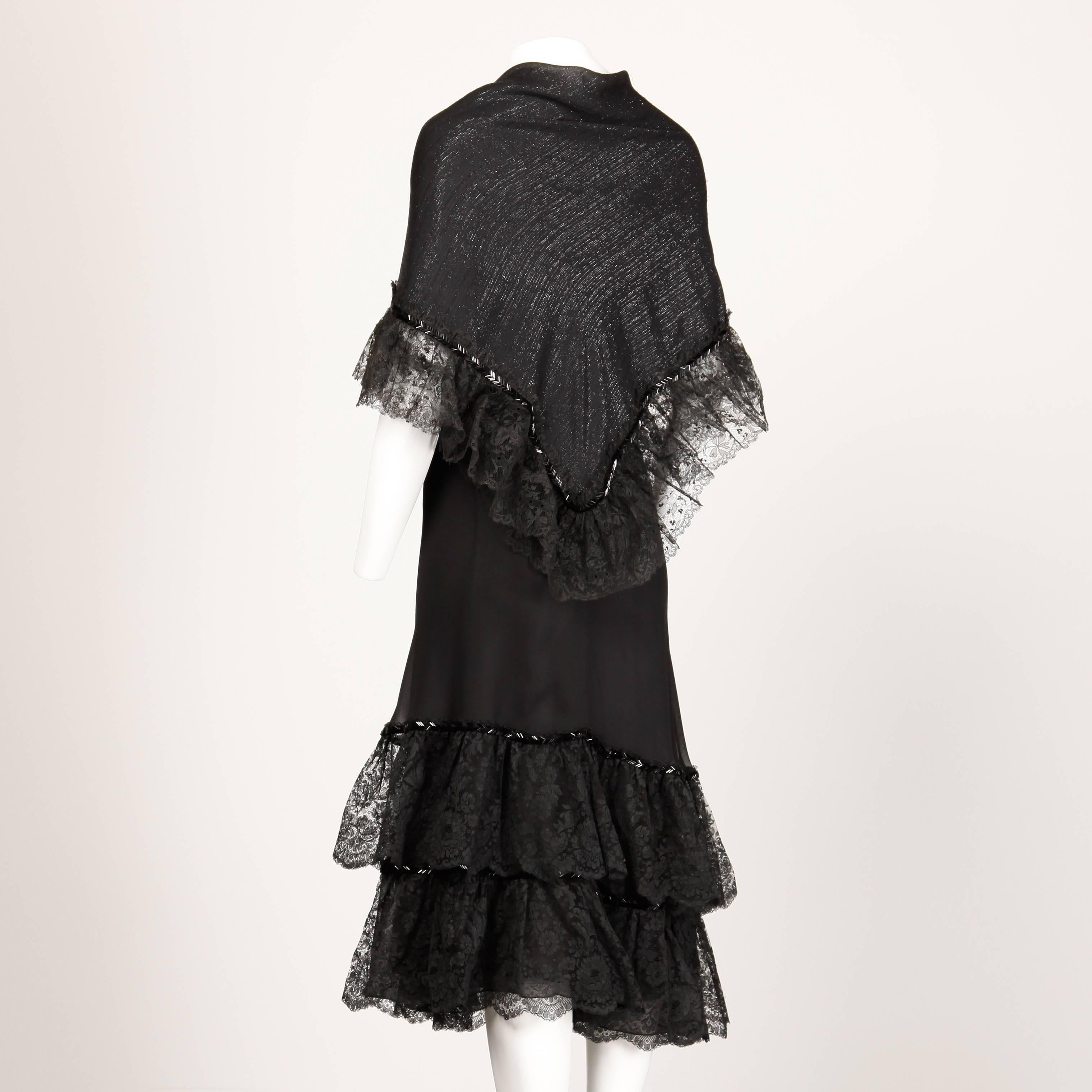 Stavropoulos 1970s Vintage Black Beaded Silk Lace Dress + Wrap 2-Piece Ensemble For Sale 2
