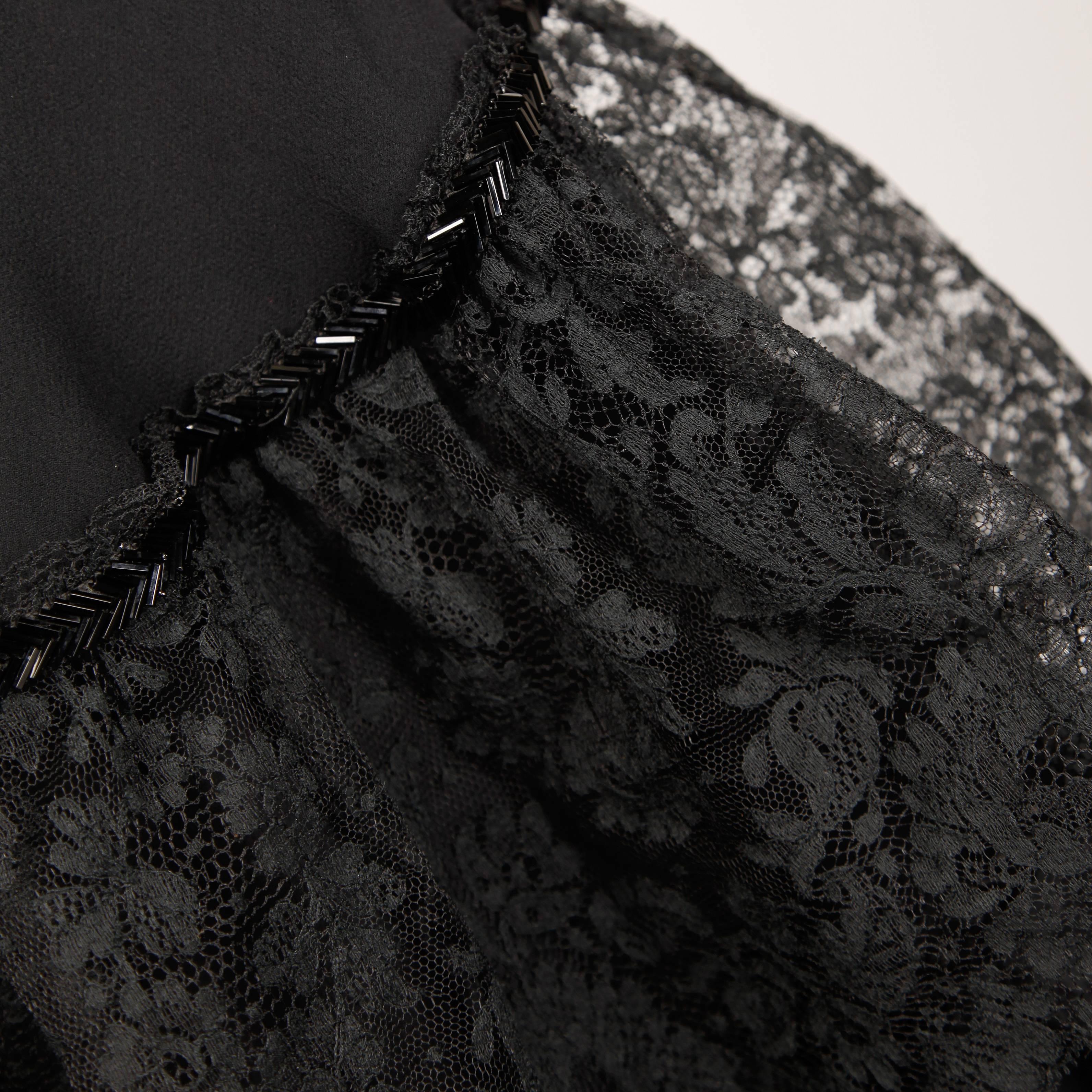 Stavropoulos 1970s Vintage Black Beaded Silk Lace Dress + Wrap 2-Piece Ensemble For Sale 1