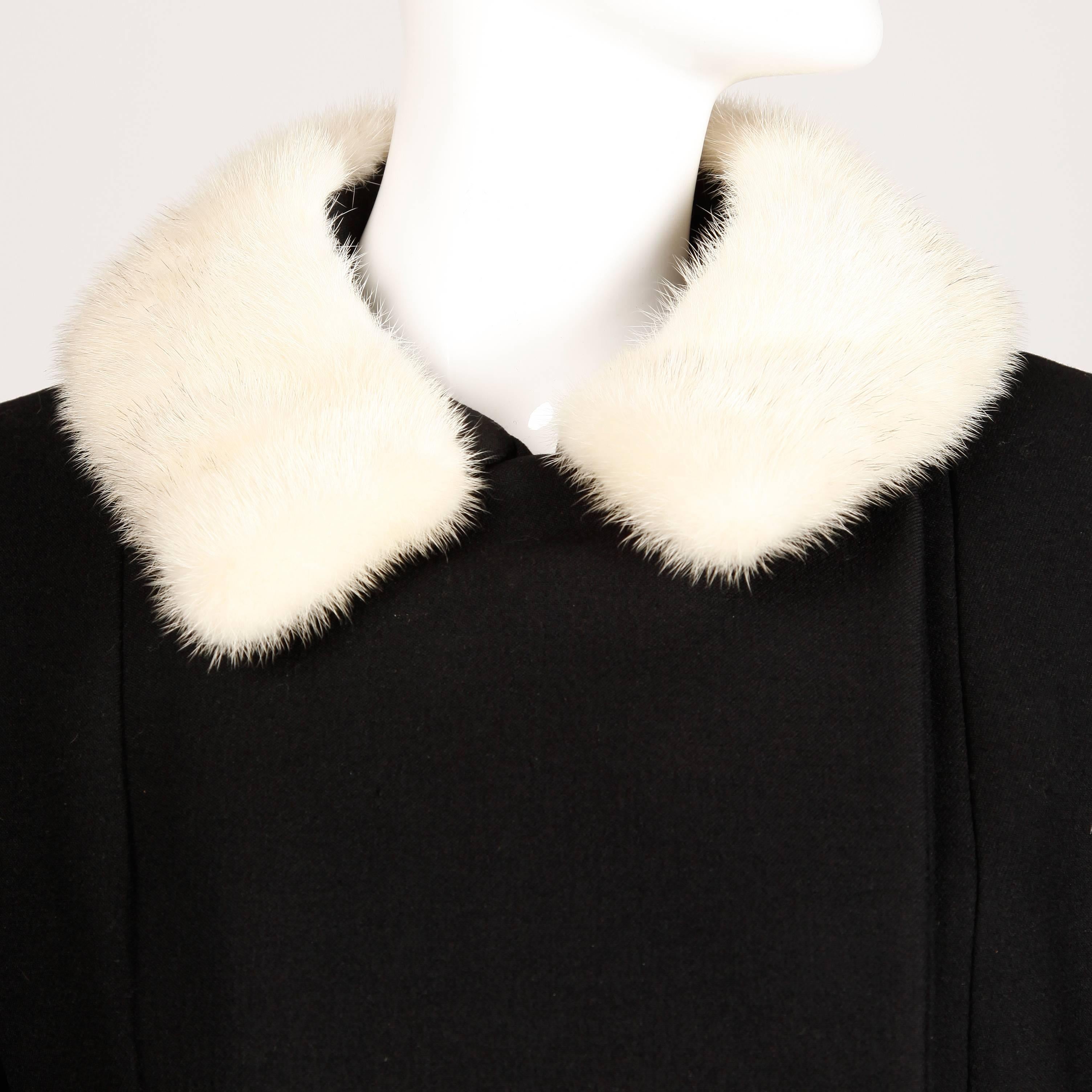 1960s Vintage Black Wool Coat with Cross Mink Fur Trim Cuffs + Collar In Excellent Condition In Sparks, NV