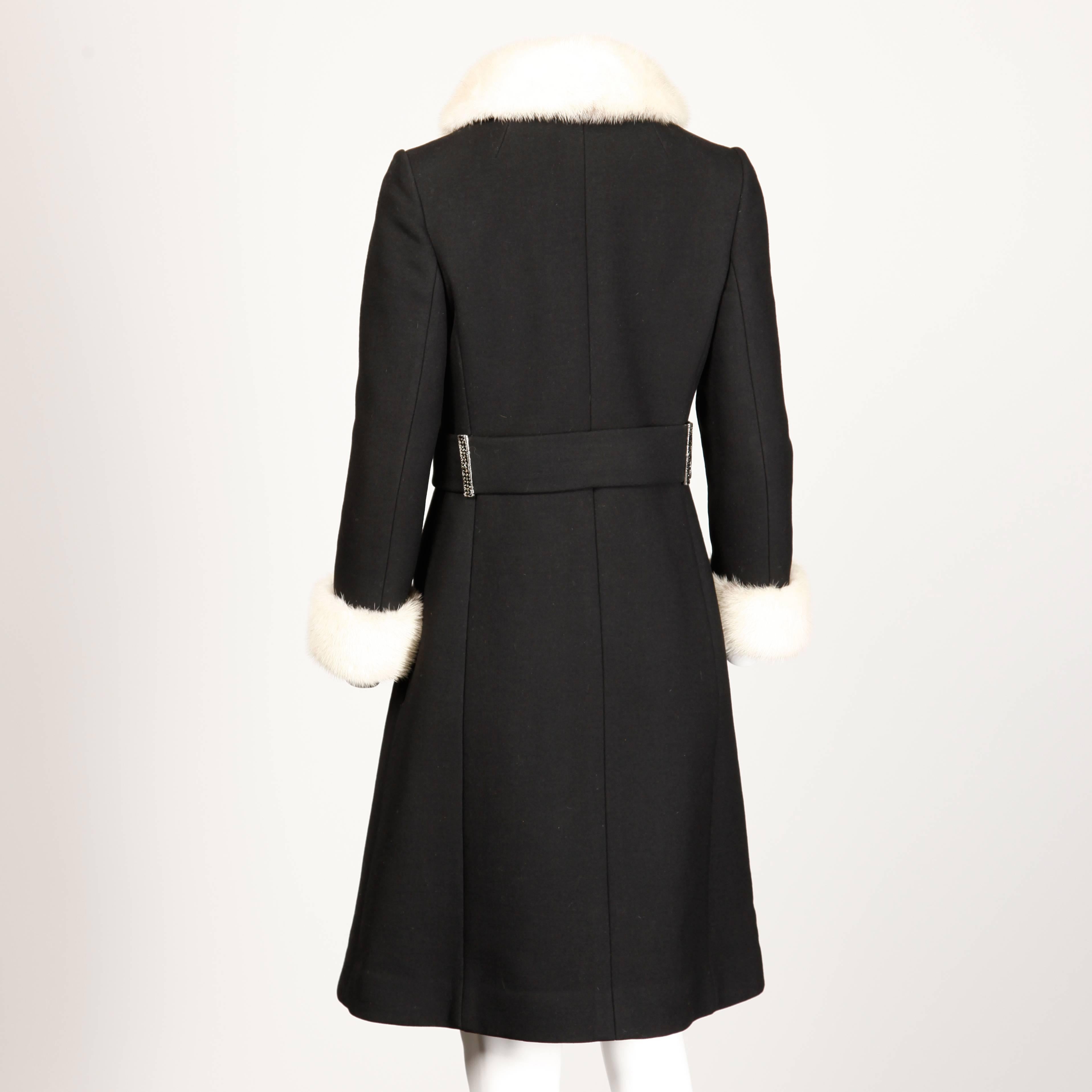 Women's 1960s Vintage Black Wool Coat with Cross Mink Fur Trim Cuffs + Collar