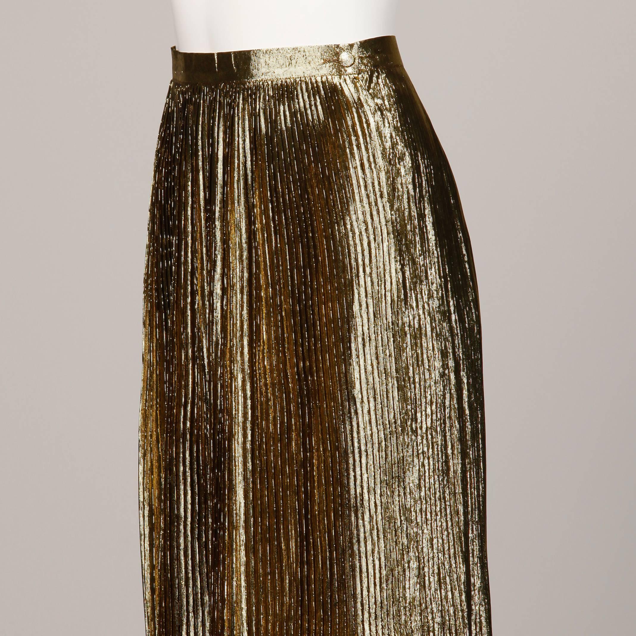 Christian Dior Vintage 1980s Metallic Gold Lamé Pleated Pencil Skirt In Excellent Condition In Sparks, NV