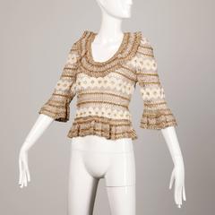 Lillie Rubin 1970s Vintage Metallic Crochet Chenille Bell Sleeve Sweater Top