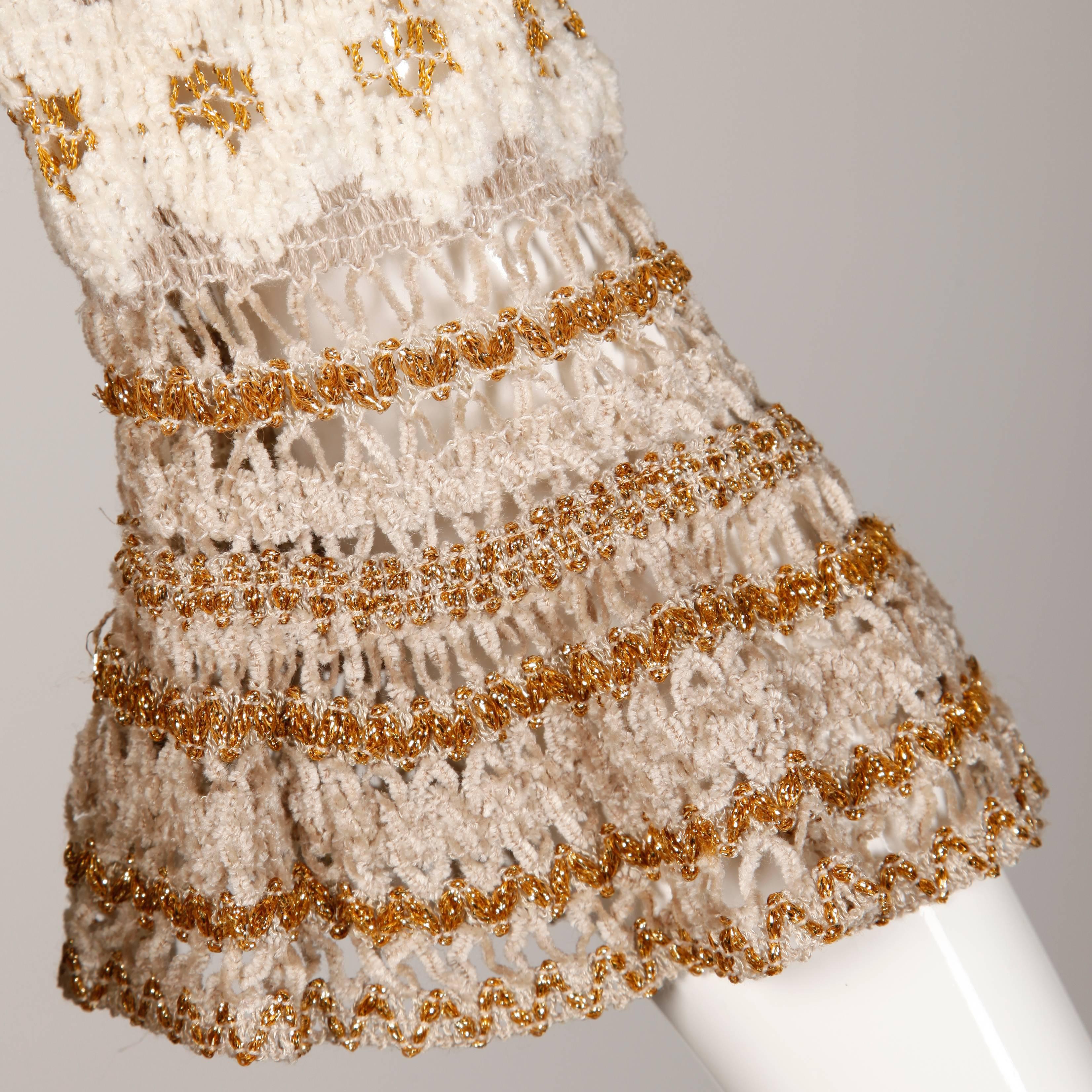 Beige Lillie Rubin 1970s Vintage Metallic Crochet Chenille Bell Sleeve Sweater Top For Sale