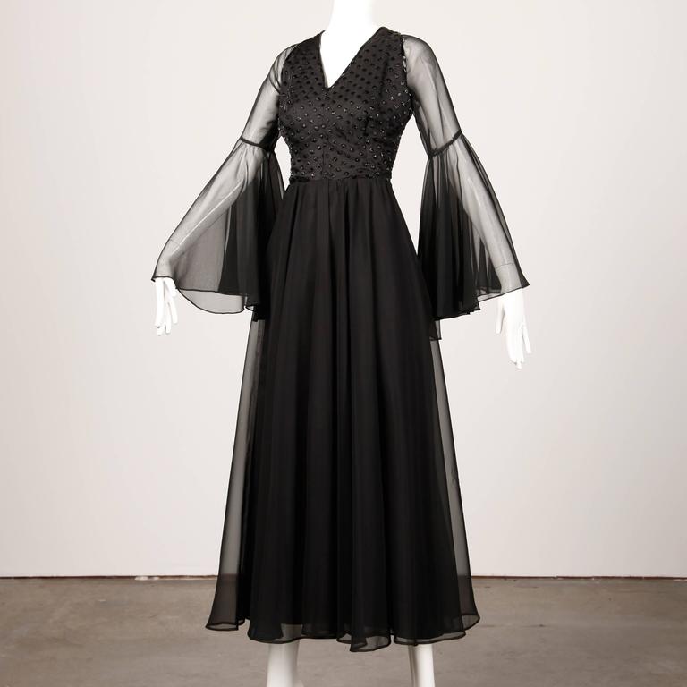 Harriette's Las Vegas 1970s Vintage Beaded Chiffon Dress with Bell