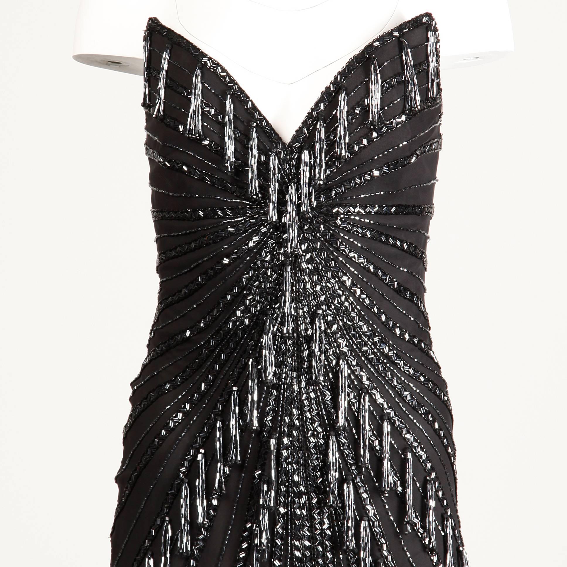 Black Unworn with tags Bob Mackie Vintage Strapless Beaded Fringe Evening Gown/ Dress