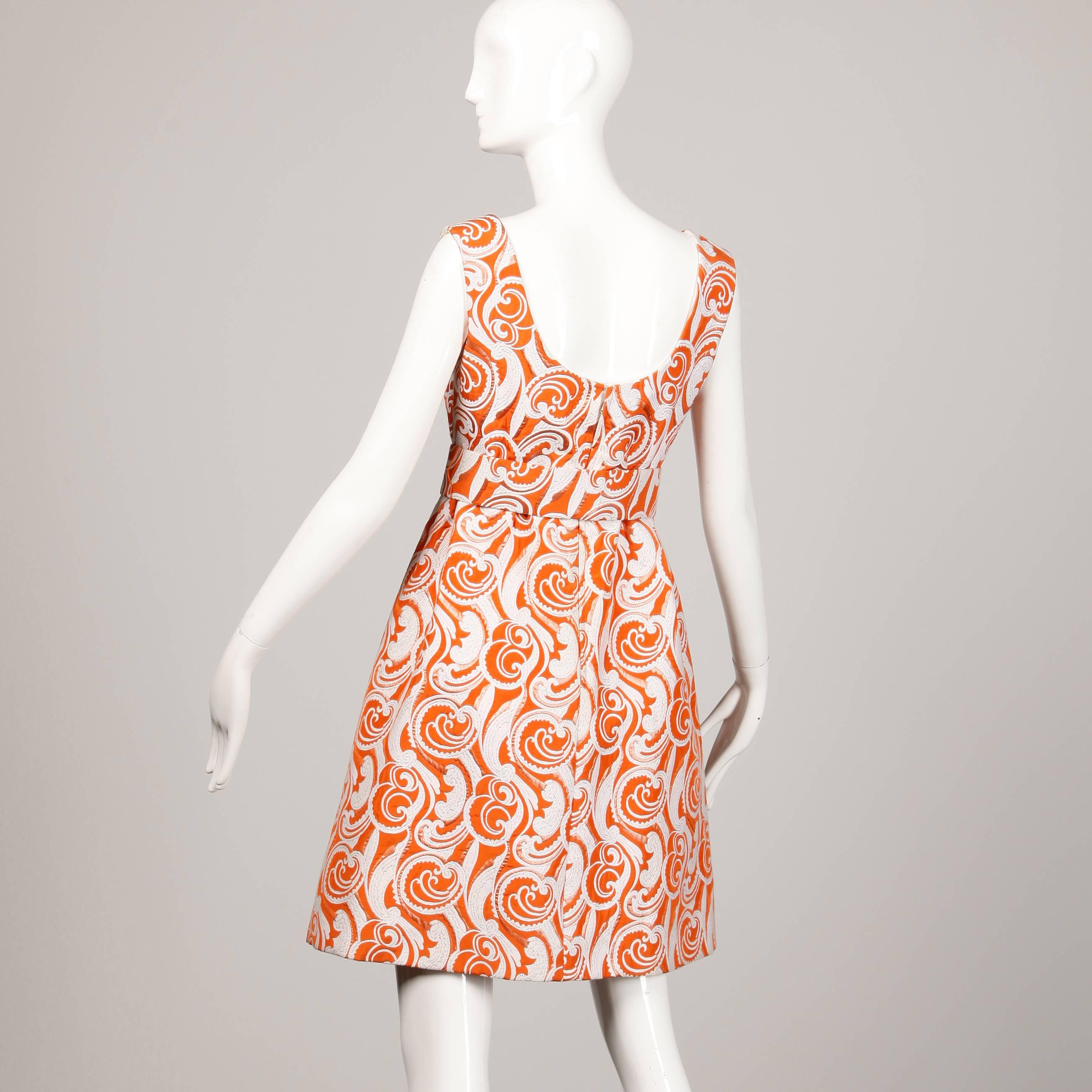 Teal Traina 1960 Vintage Orange Brocade Jacket, Belt + Dress 3-Piece Ensemble In Excellent Condition In Sparks, NV
