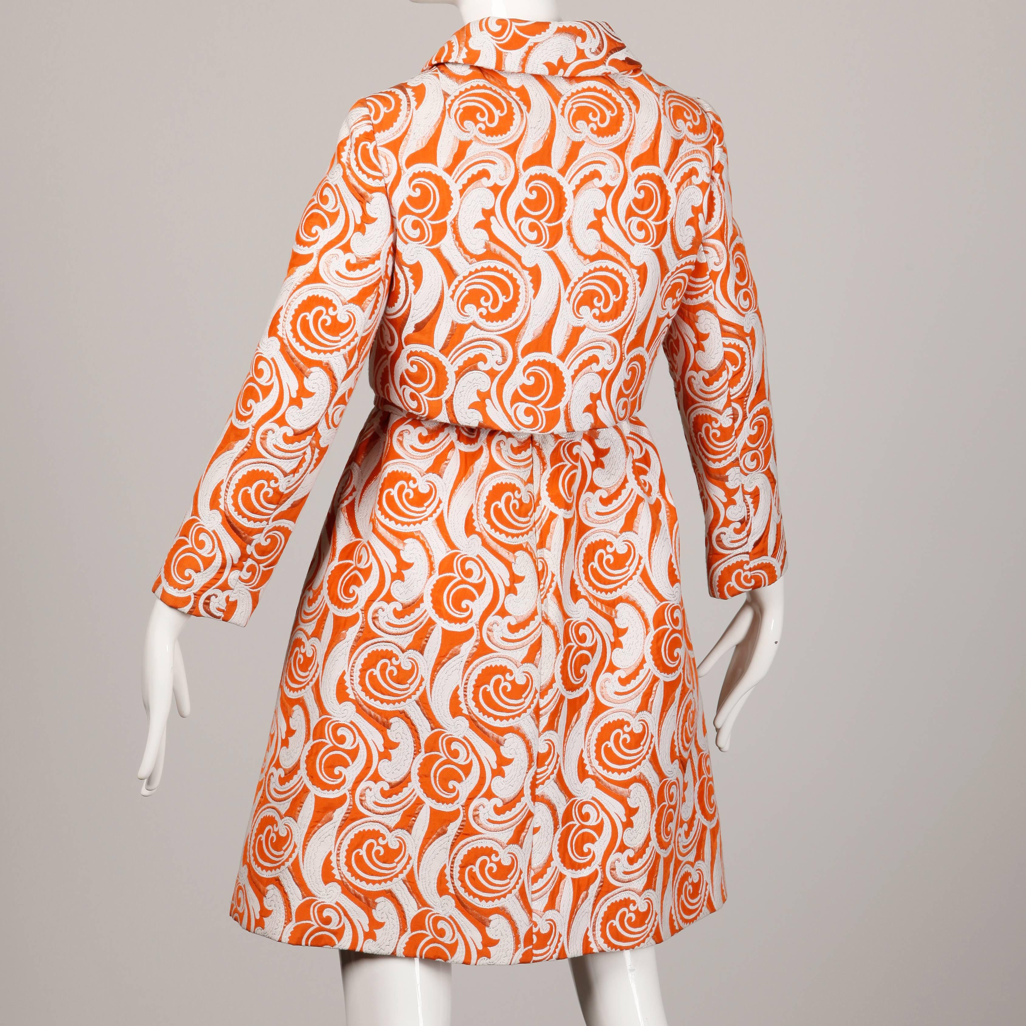 Teal Traina 1960 Vintage Orange Brocade Jacket, Belt + Dress 3-Piece Ensemble 1