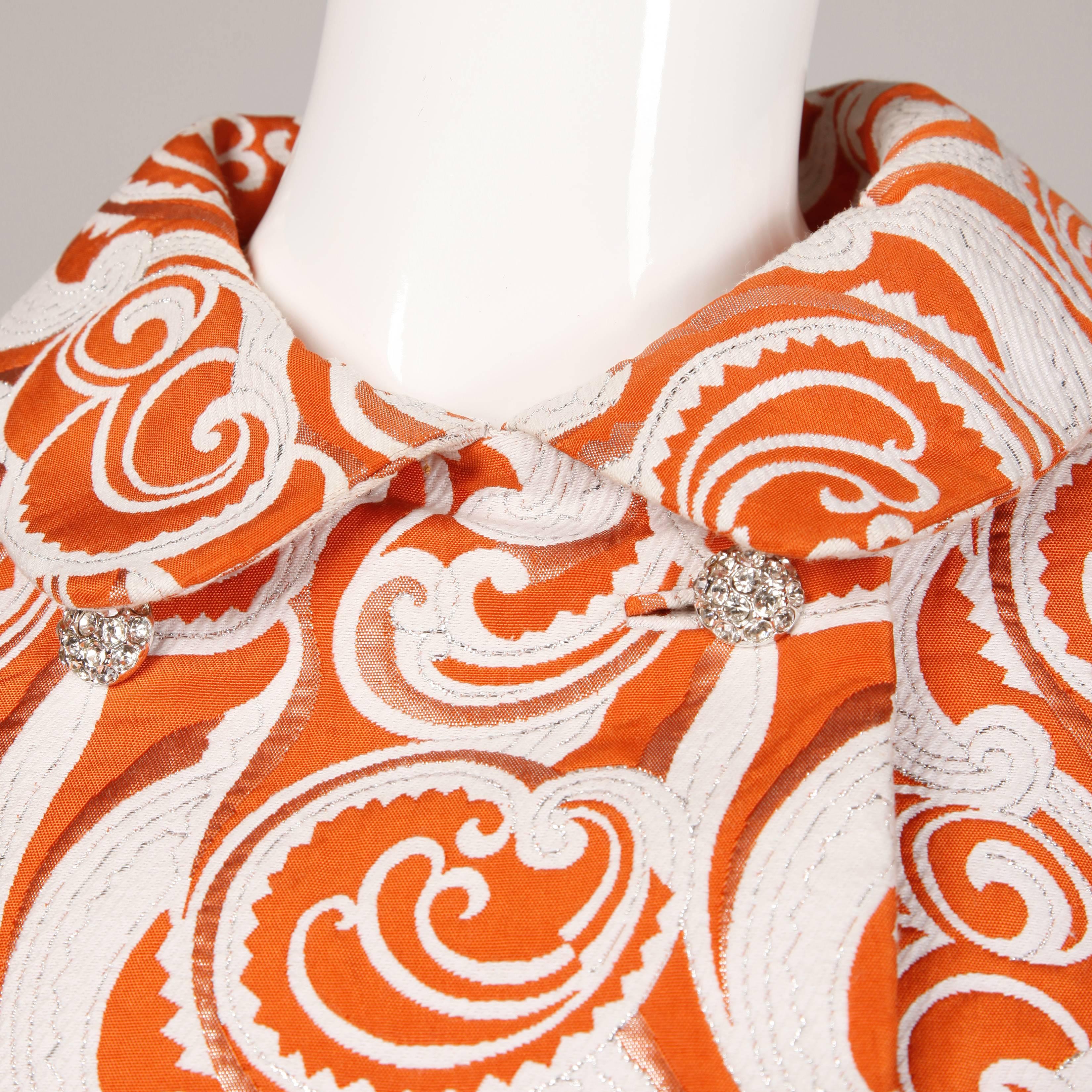 Teal Traina 1960 Vintage Orange Brocade Jacket, Belt + Dress 3-Piece Ensemble 2