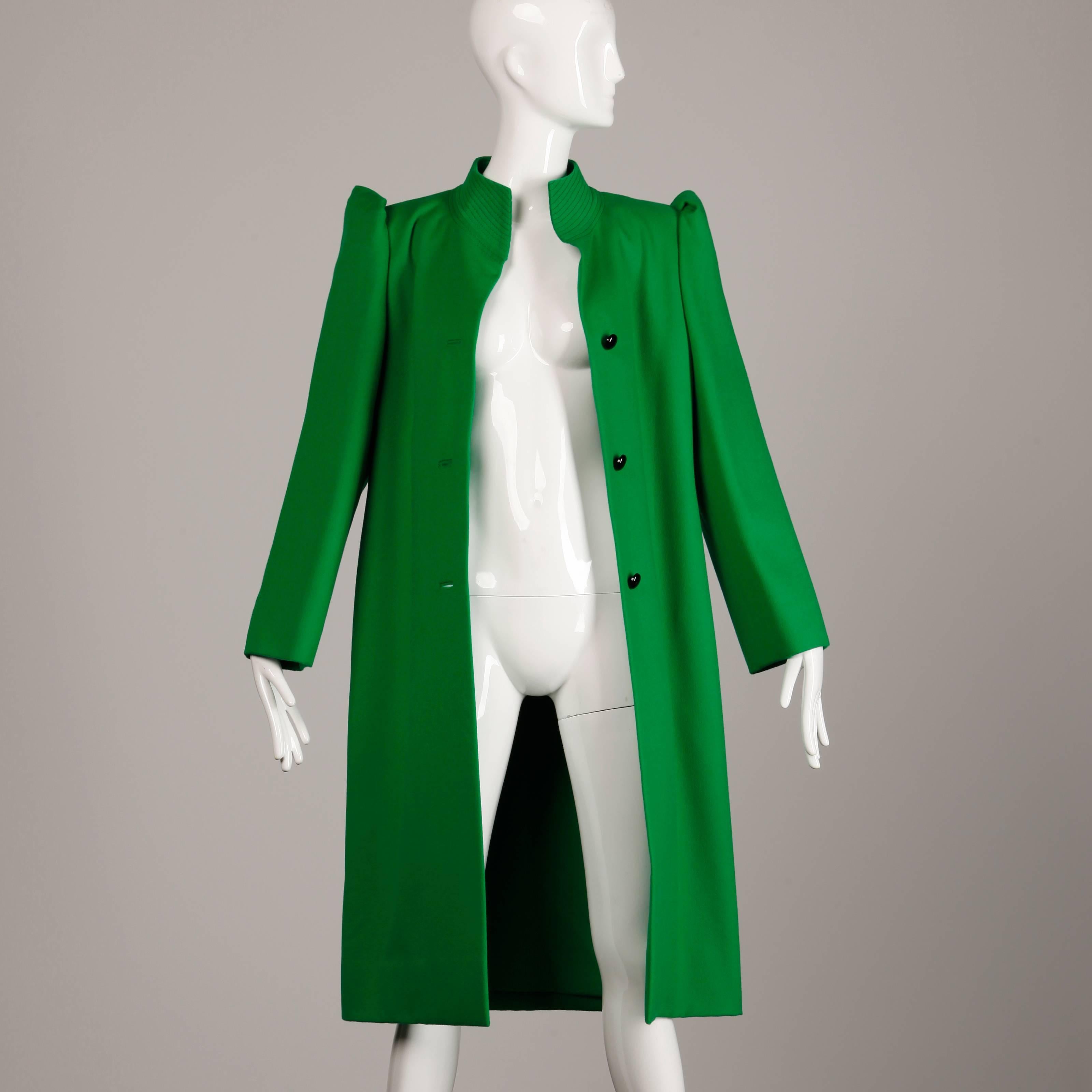 Women's Galanos 1980s Vintage Avant Garde Kelly Green Wool Coat with Bold Shoulders