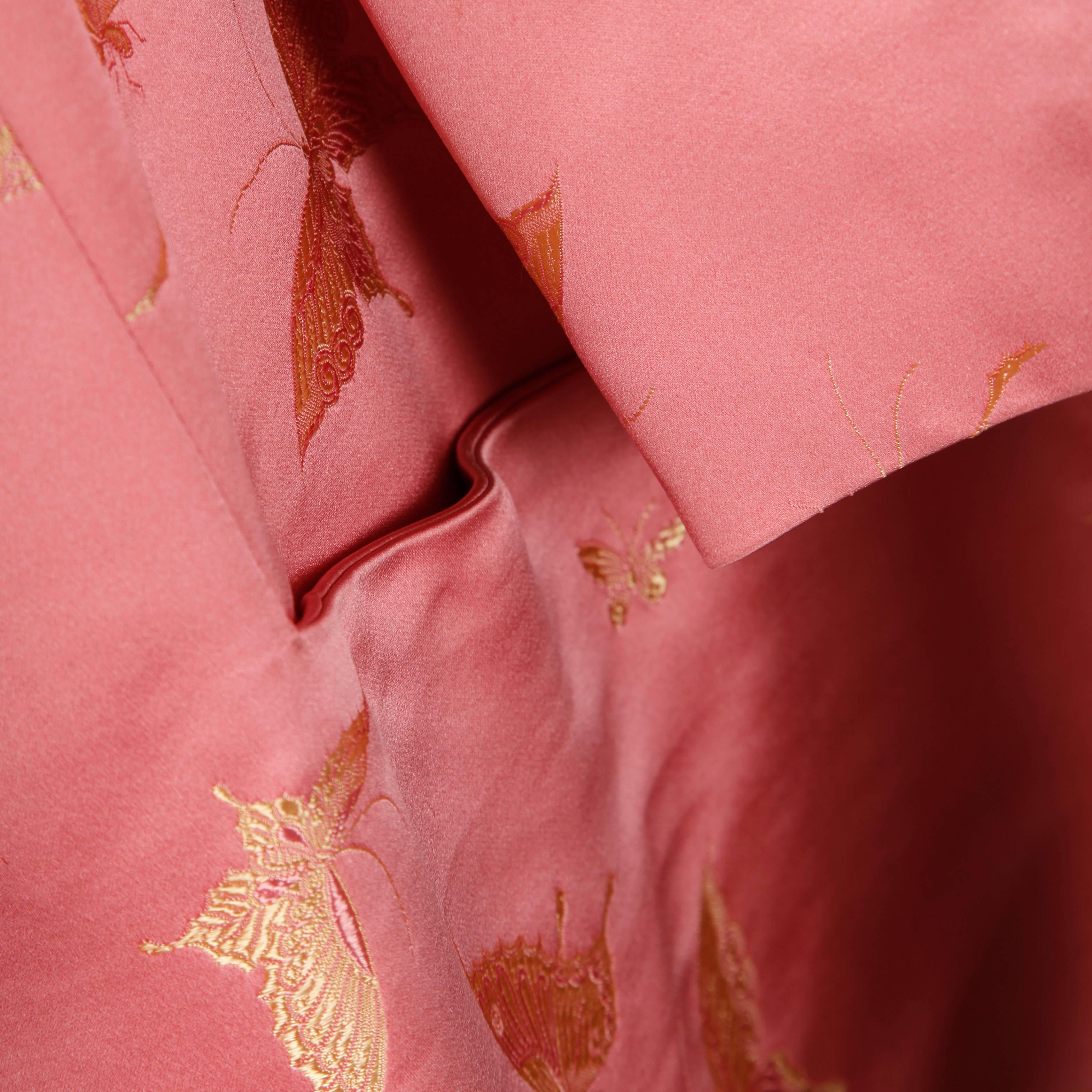 Women's Dynasty Vintage 1960s Pink Silk Satin Swing Coat with Gold Butterflies