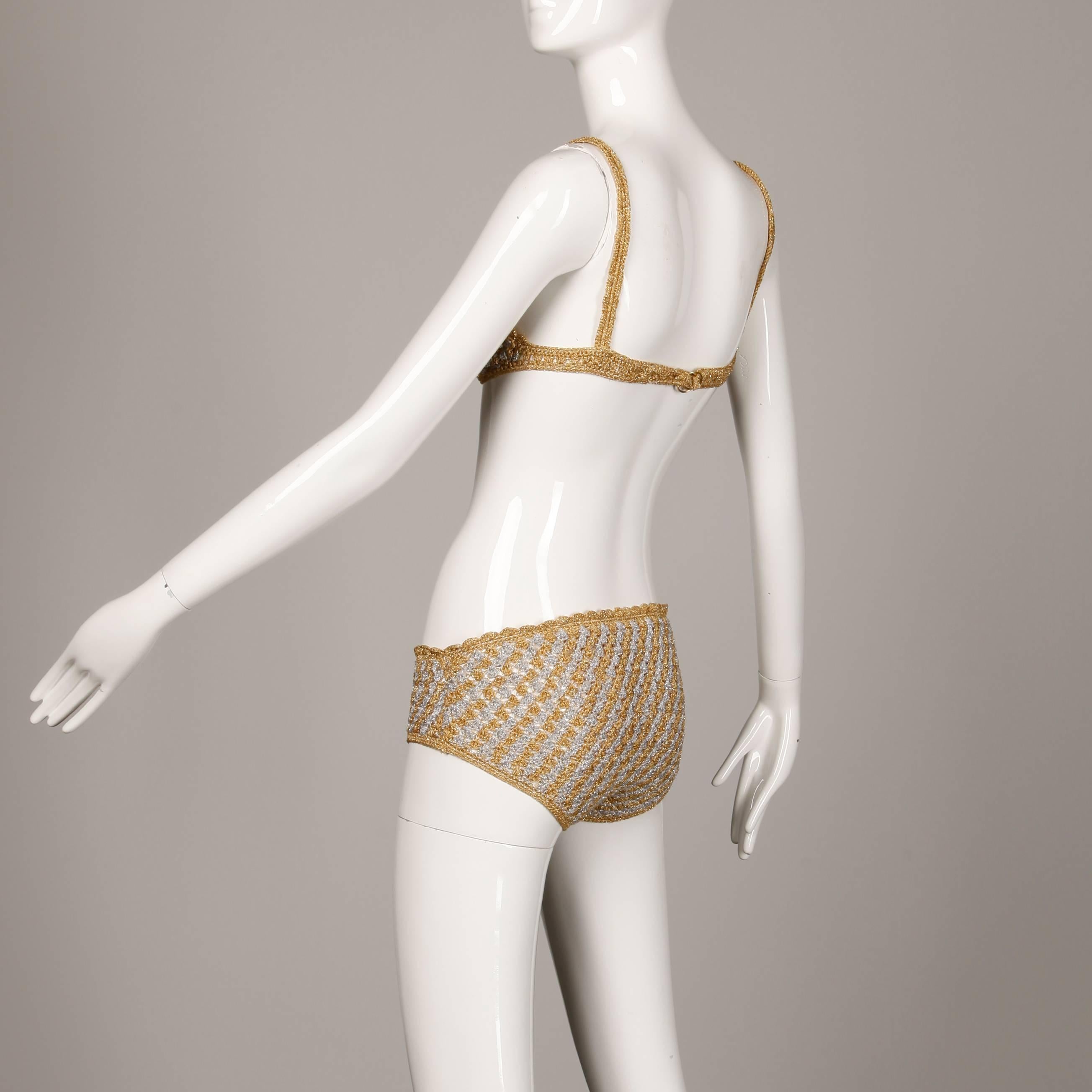 Brown 1970s Vintage Moggie Metallic Gold + Silver Crochet Bikini 2-Piece Swimsuit