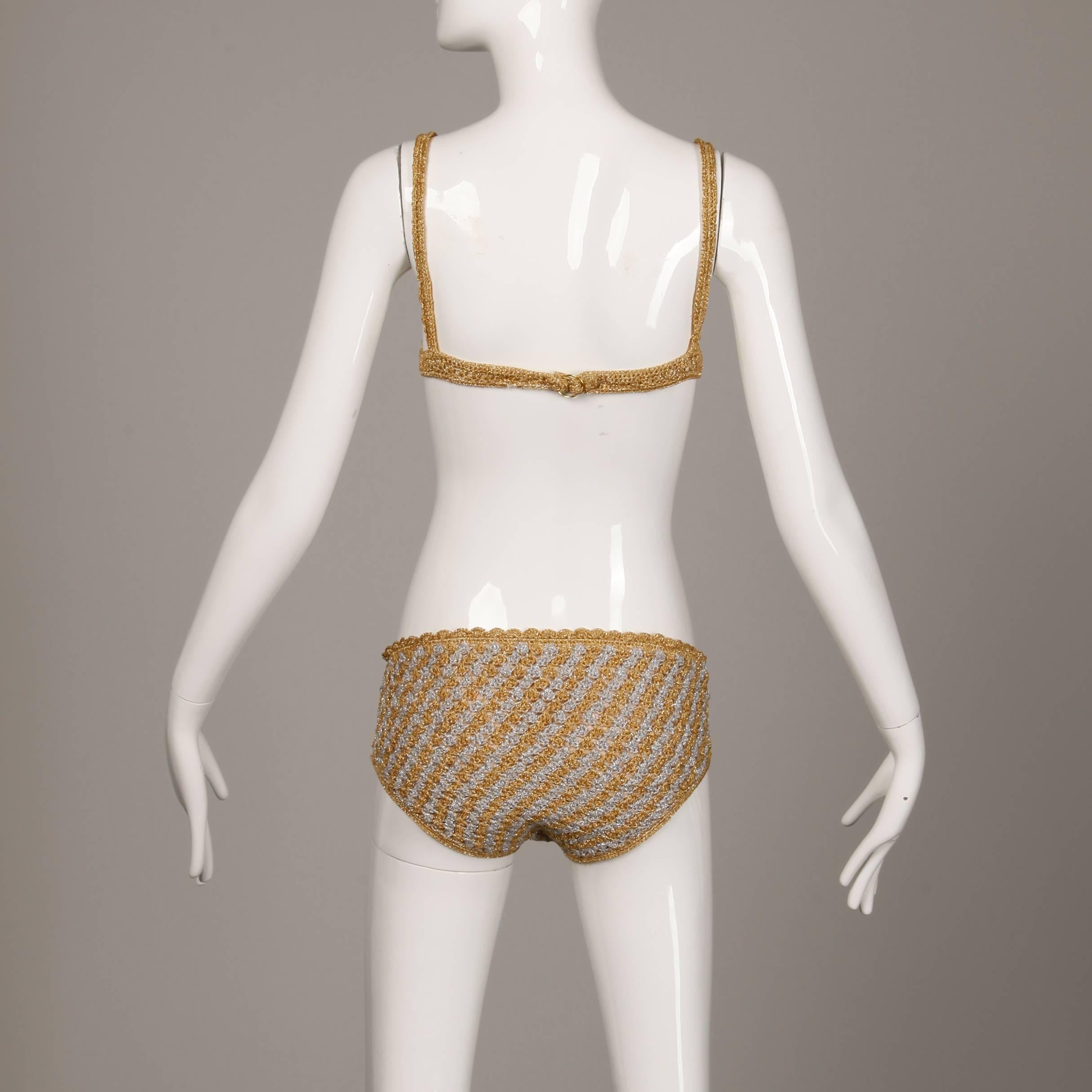 Women's 1970s Vintage Moggie Metallic Gold + Silver Crochet Bikini 2-Piece Swimsuit
