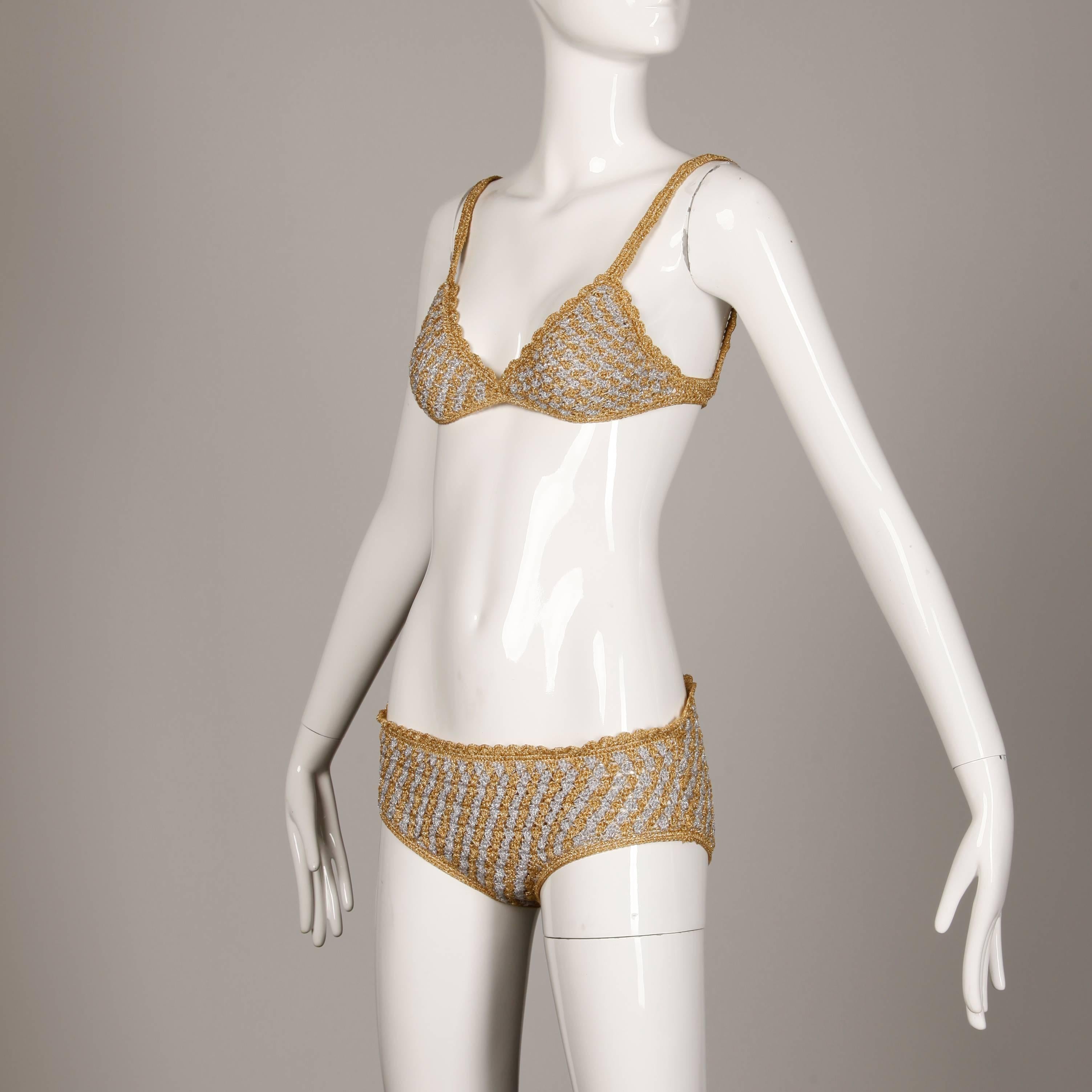 1970s Vintage Moggie Metallic Gold + Silver Crochet Bikini 2-Piece Swimsuit 2