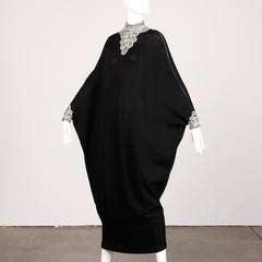 Adolfo 1970s Vintage Black Knit Caftan Dress with Rhinestones and Beads