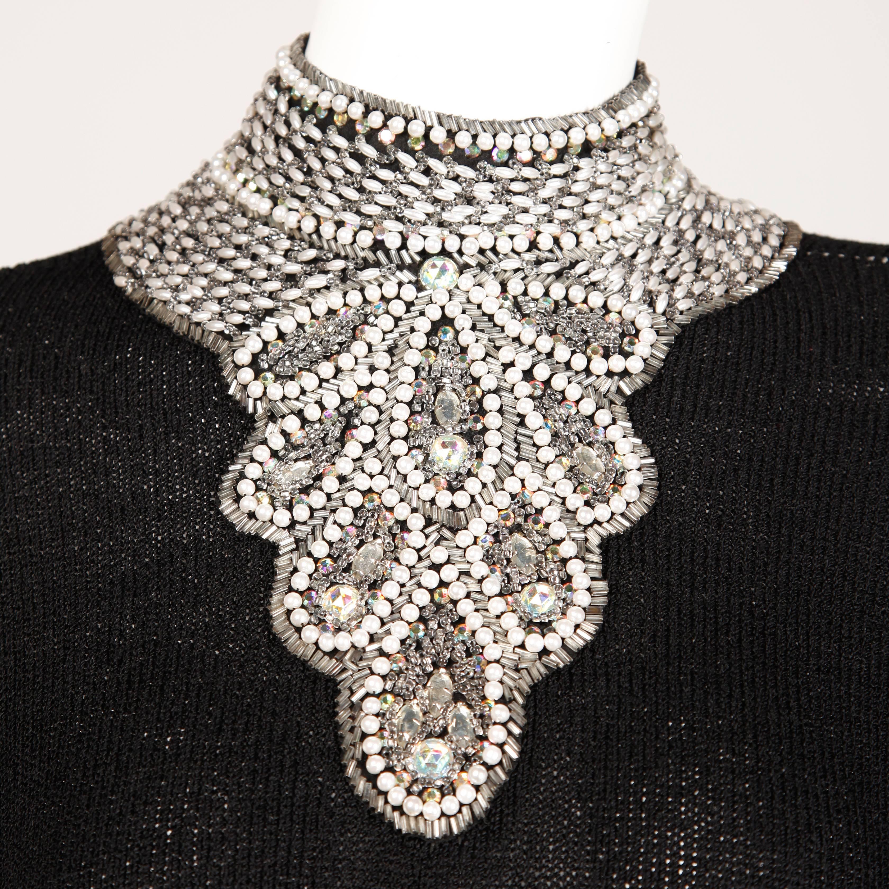 Adolfo 1970s Vintage Black Knit Caftan Dress with Rhinestones and Beads 1