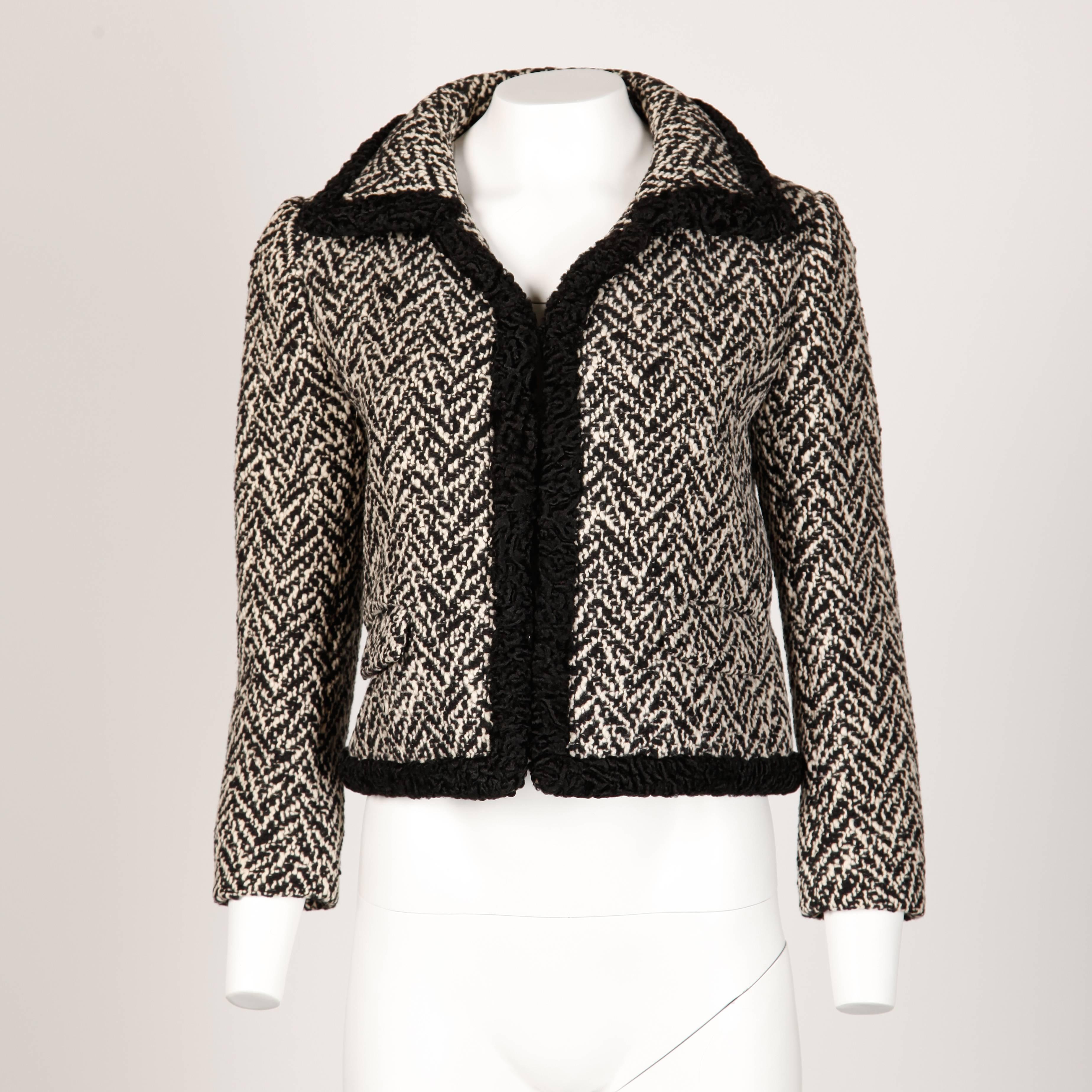 Black Ben Zuckerman 1960s Vintage Wool Tweed Jacket with Persian Lamb Fur Trim For Sale