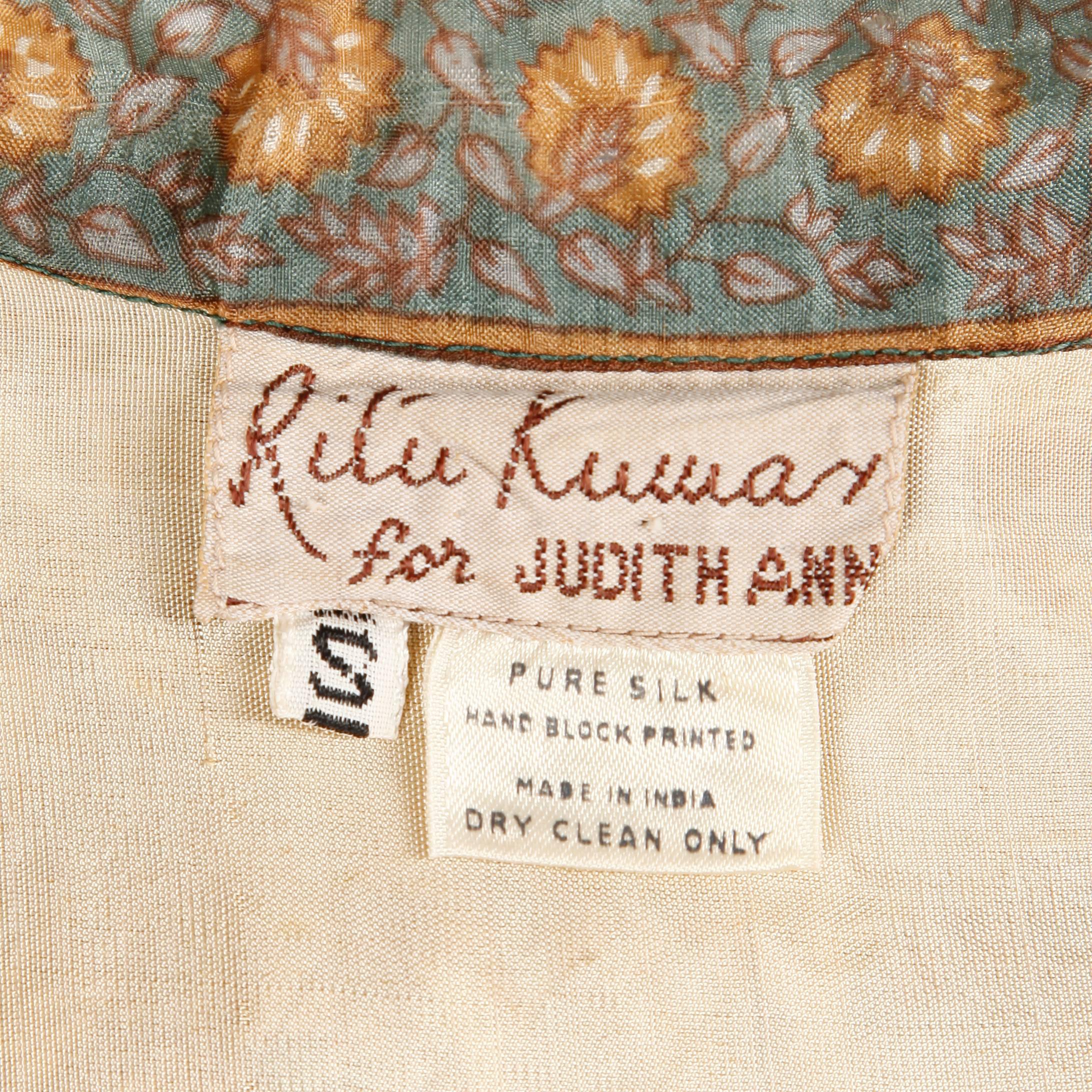 Beige Judith Ann 1970s Vintage Paper Thin Silk Indian Hand-Block Print Dress