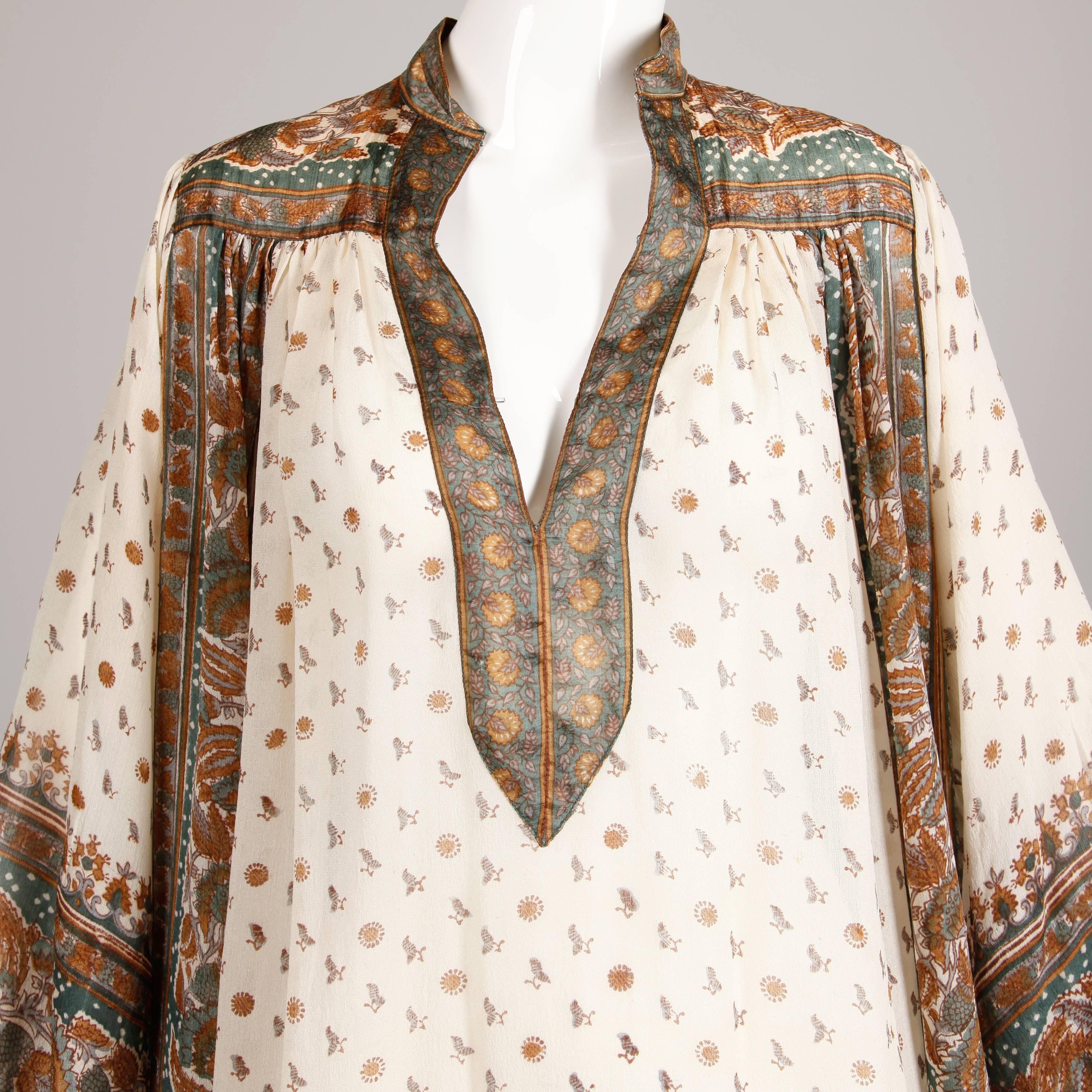 Judith Ann 1970s Vintage Paper Thin Silk Indian Hand-Block Print Dress 2
