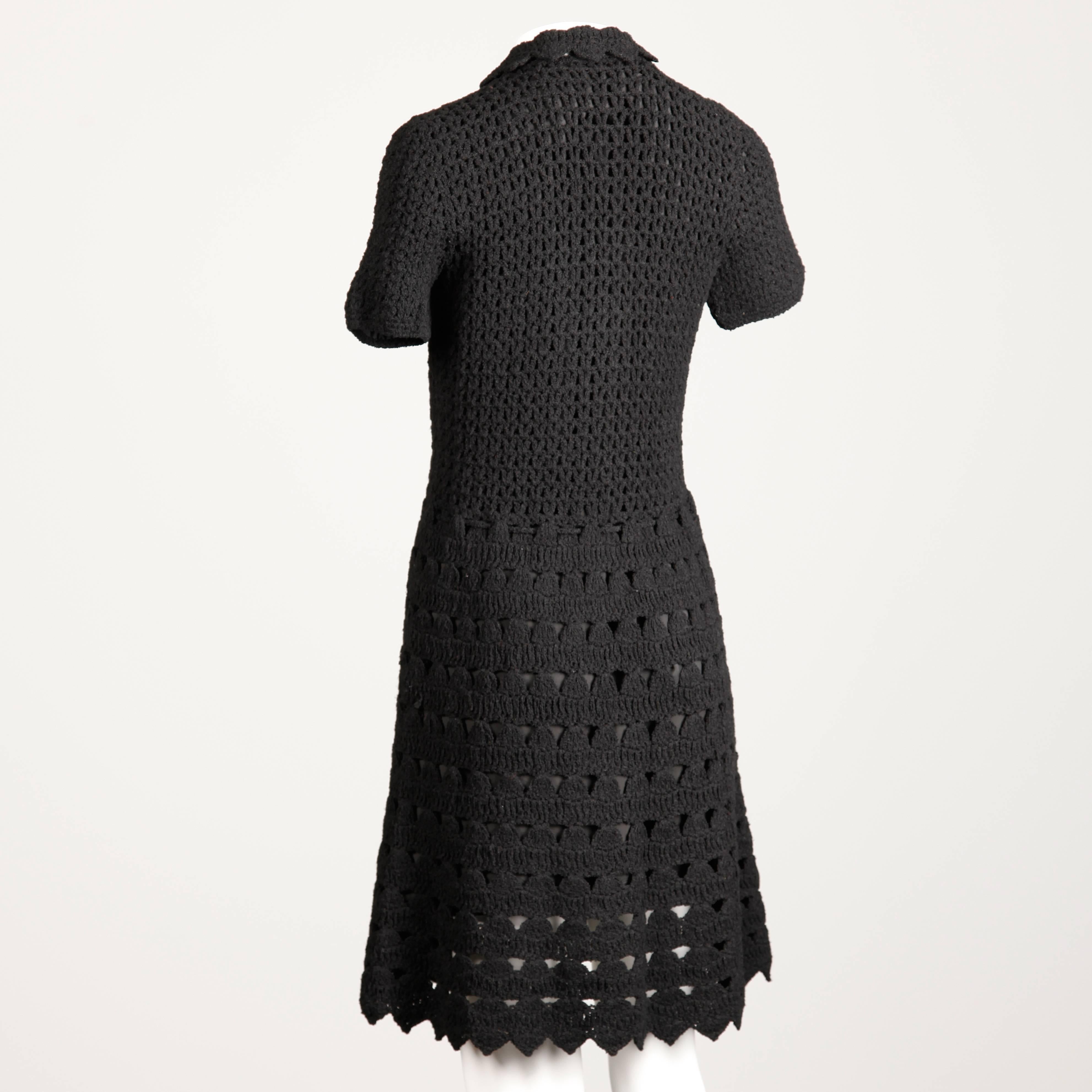 1960s Vintage Black Wool Hand Crochet Dress In Excellent Condition For Sale In Sparks, NV