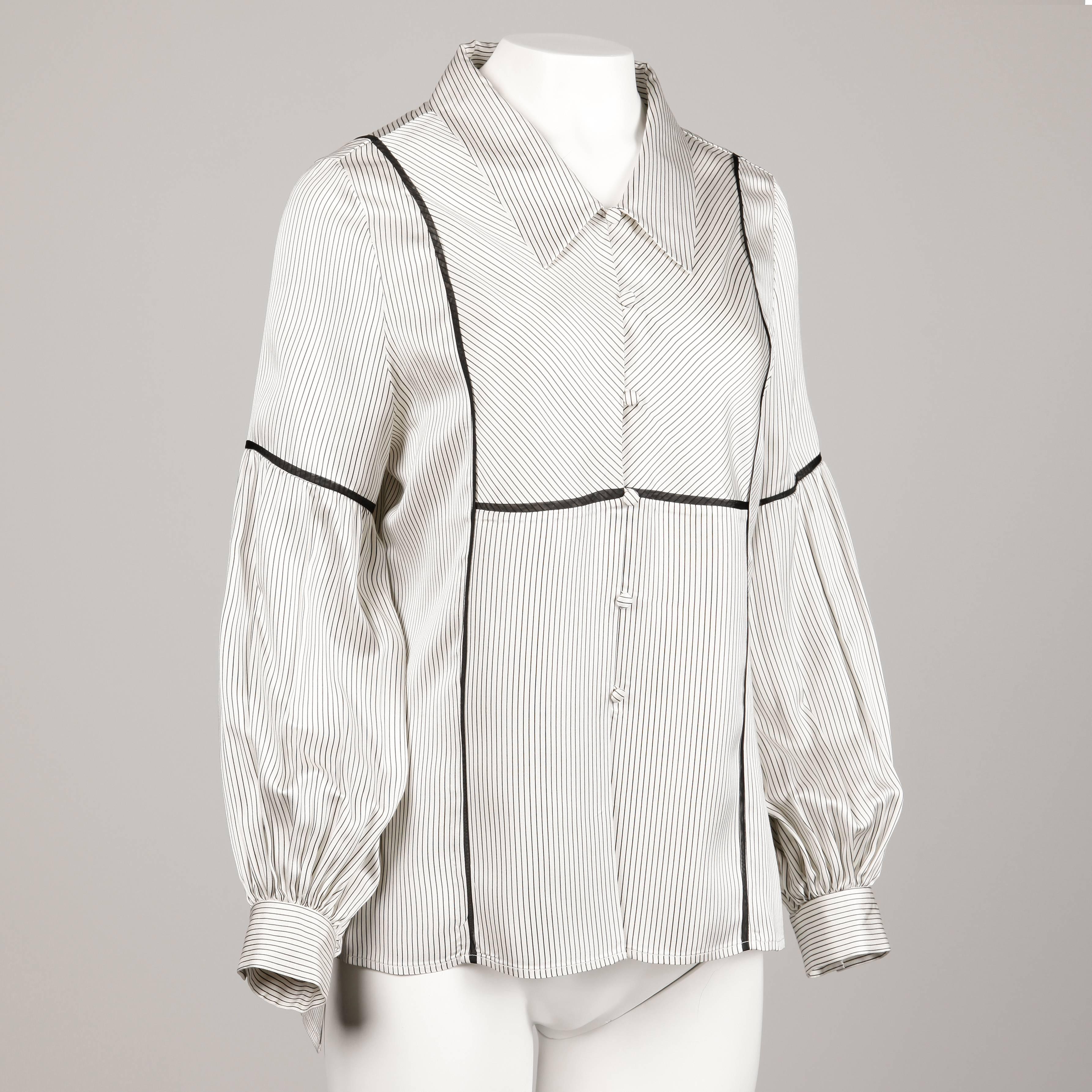 Women's Wes Gordon Creamy Striped Silk Blouse with Blouson Sleeves and Matching Scarf