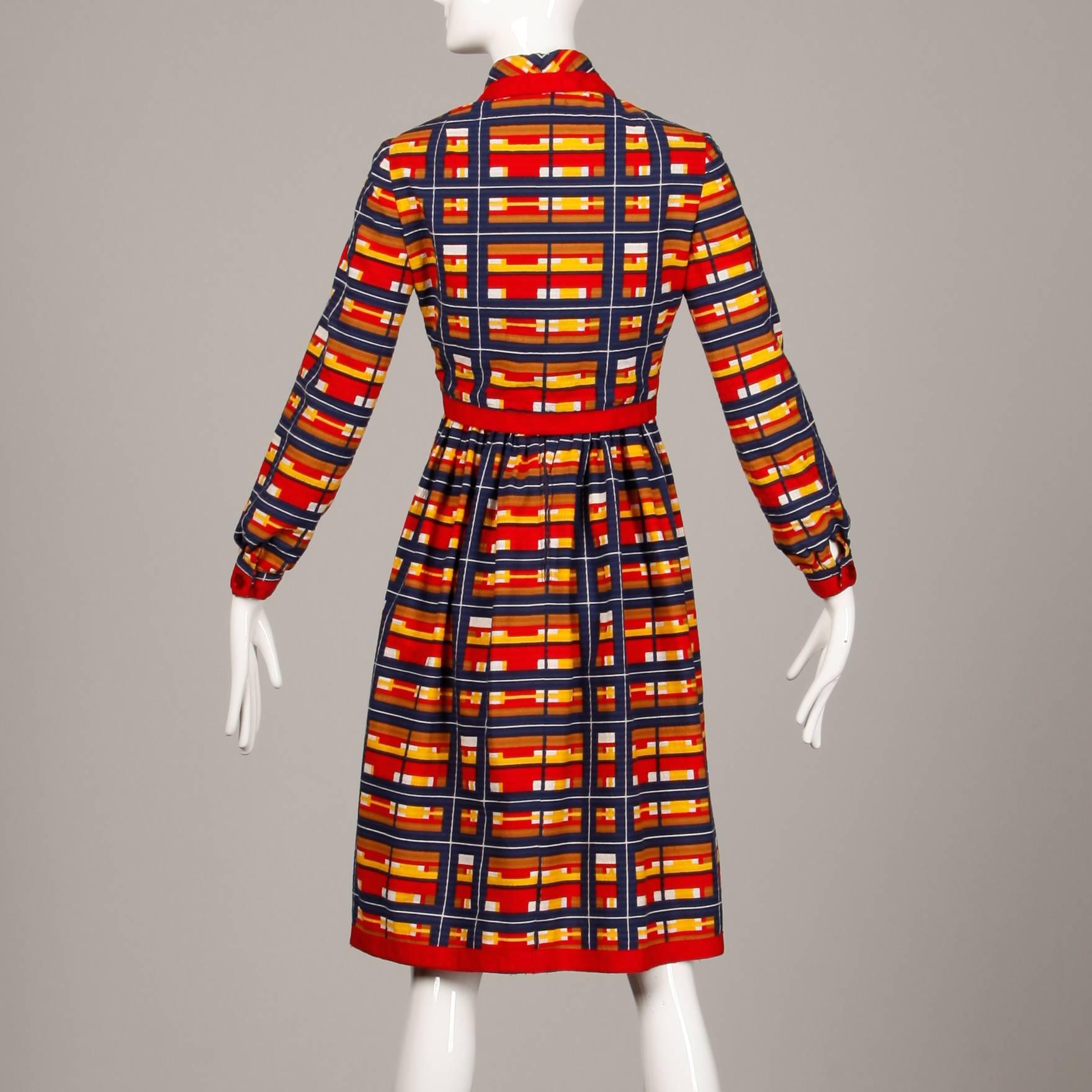 Red 1970s Vintage Oscar de la Renta Matching Plaid Dress + Jacket Ensemble For Sale