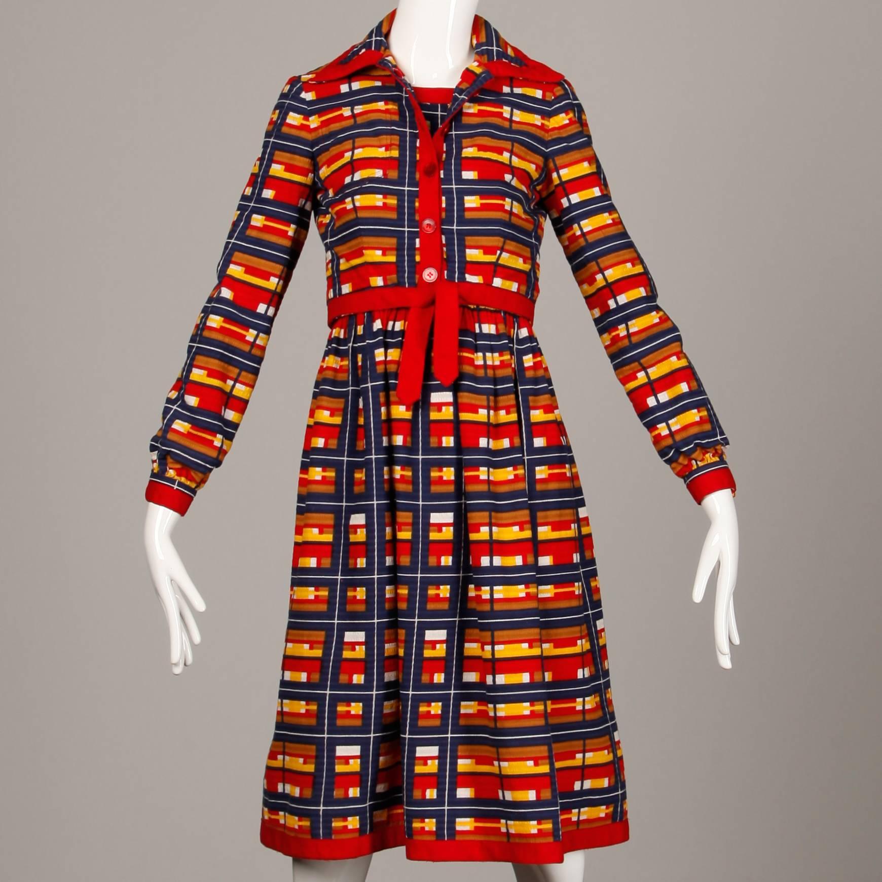 1970s Vintage Oscar de la Renta Matching Plaid Dress + Jacket Ensemble For Sale 2