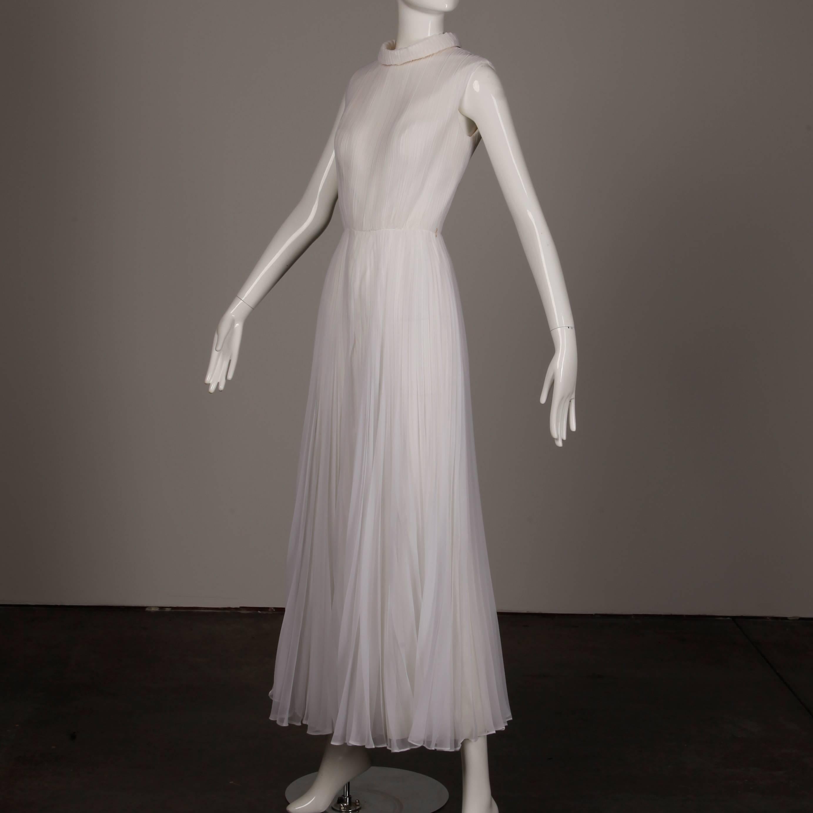 Gray 1970s Vintage White Organza Pleated Wide Leg Palazzo Jumpsuit or Pantsuit 