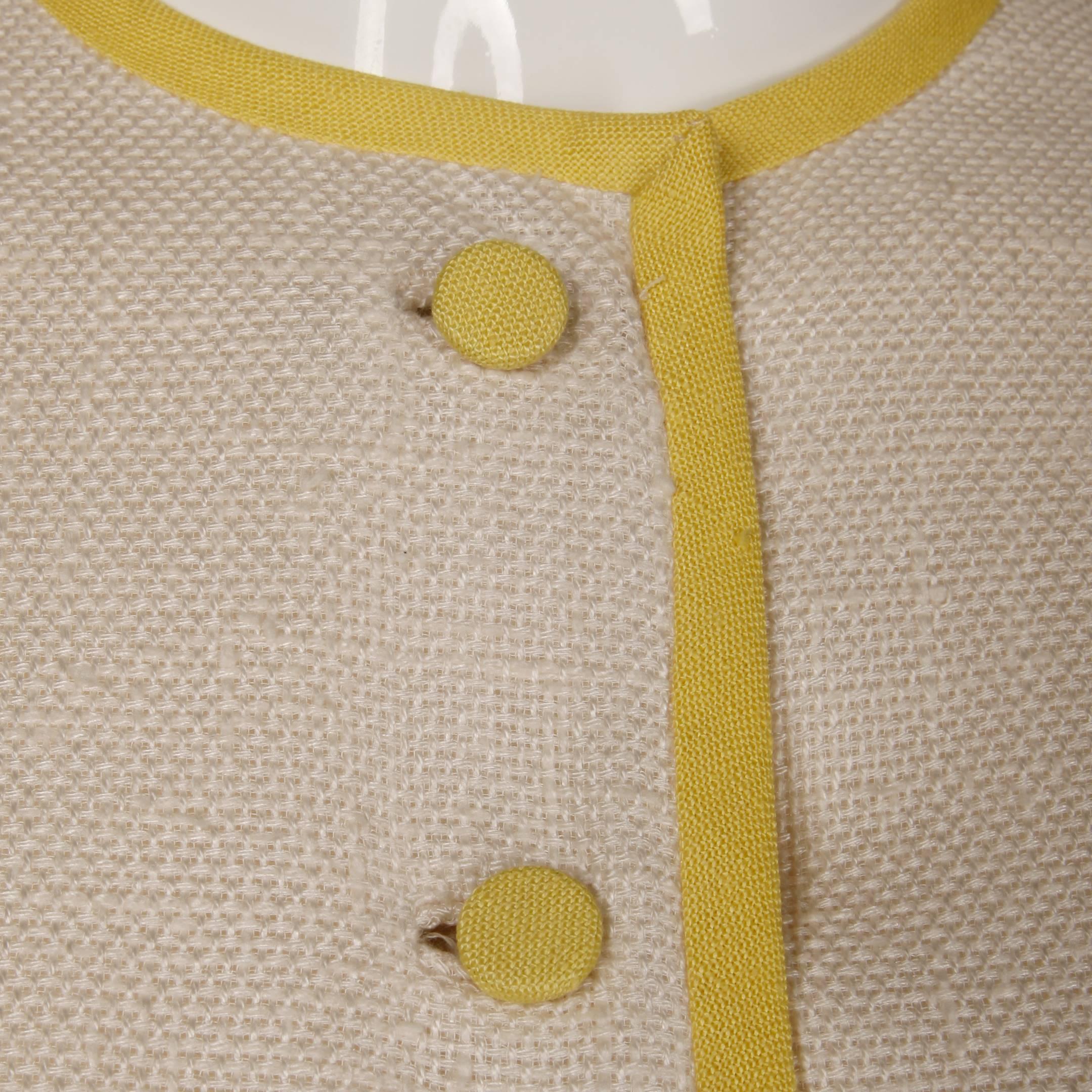 1960s Harvey Berin by Karen Stark Vintage Yellow + White Linen Sheath Dress In Excellent Condition In Sparks, NV