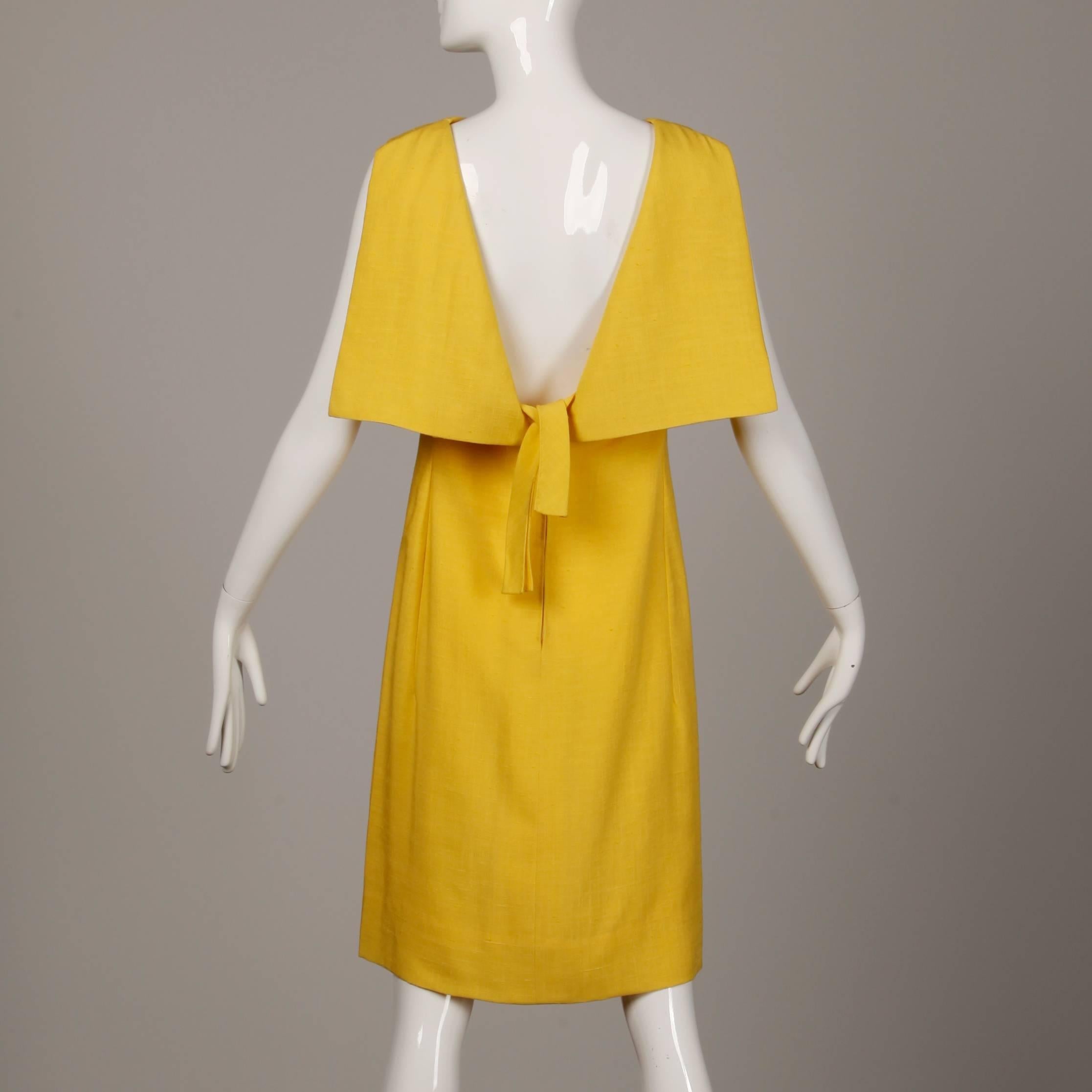 Women's Pauline Trigere 1960s Vintage Yellow Silk + Wool Cape Sheath Dress