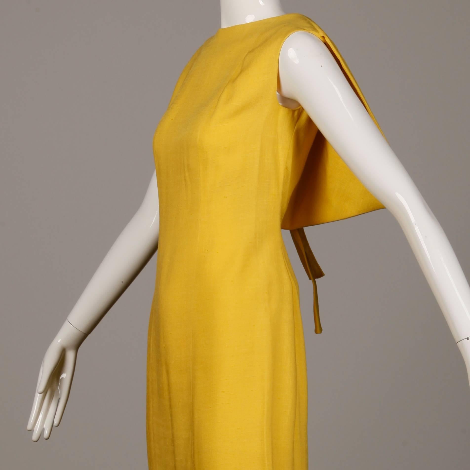 Pauline Trigere 1960s Vintage Yellow Silk + Wool Cape Sheath Dress In Excellent Condition In Sparks, NV