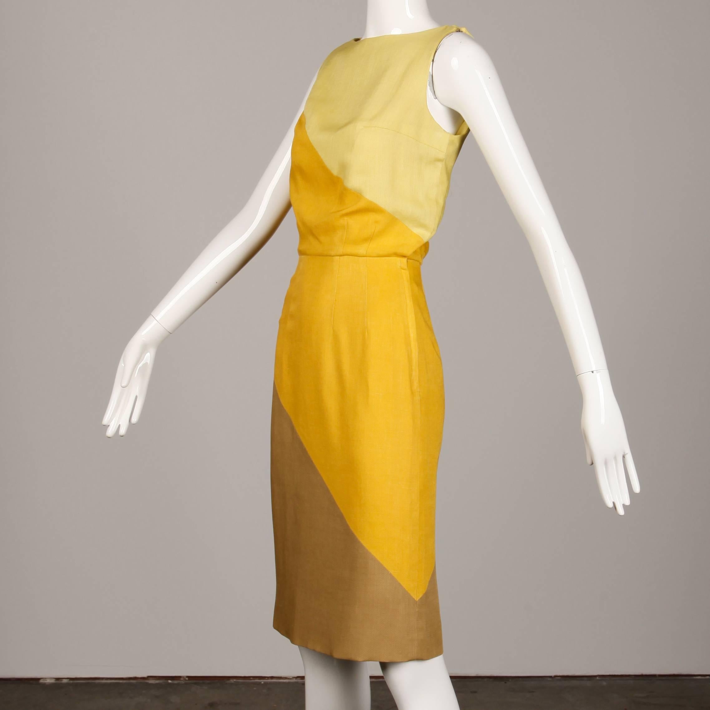 Women's Estevez Vintage Yellow Linen Color Block Sheath Dress, 1960s  For Sale