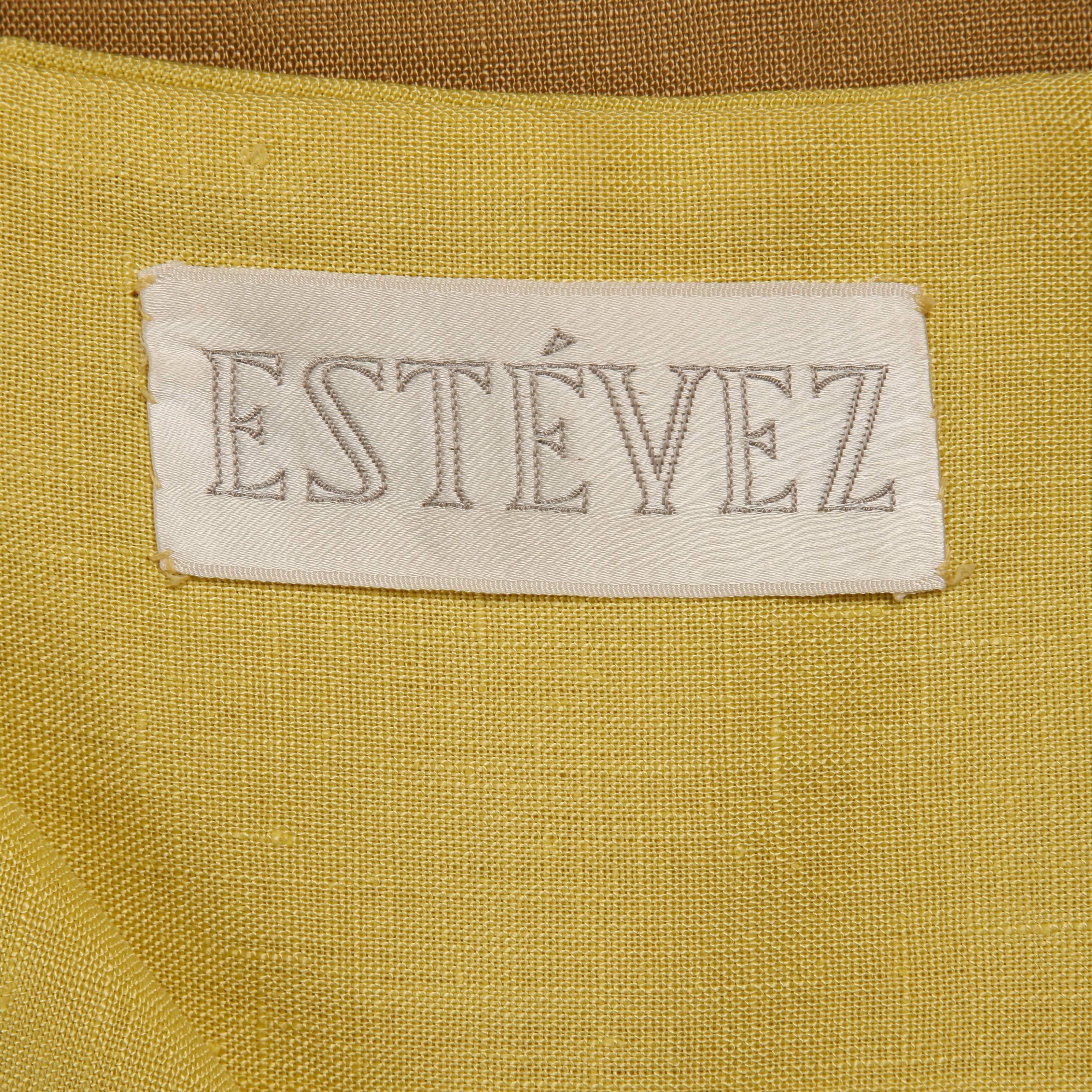 Elegant 1960s vintage yellow color block linen sheath dress by Estevez. Fully lined with back hook, covered snap and metal zip closure and shoulder hook closure. The marked size is 8, but the dress fits like an XS due to the tiny waist measurement.