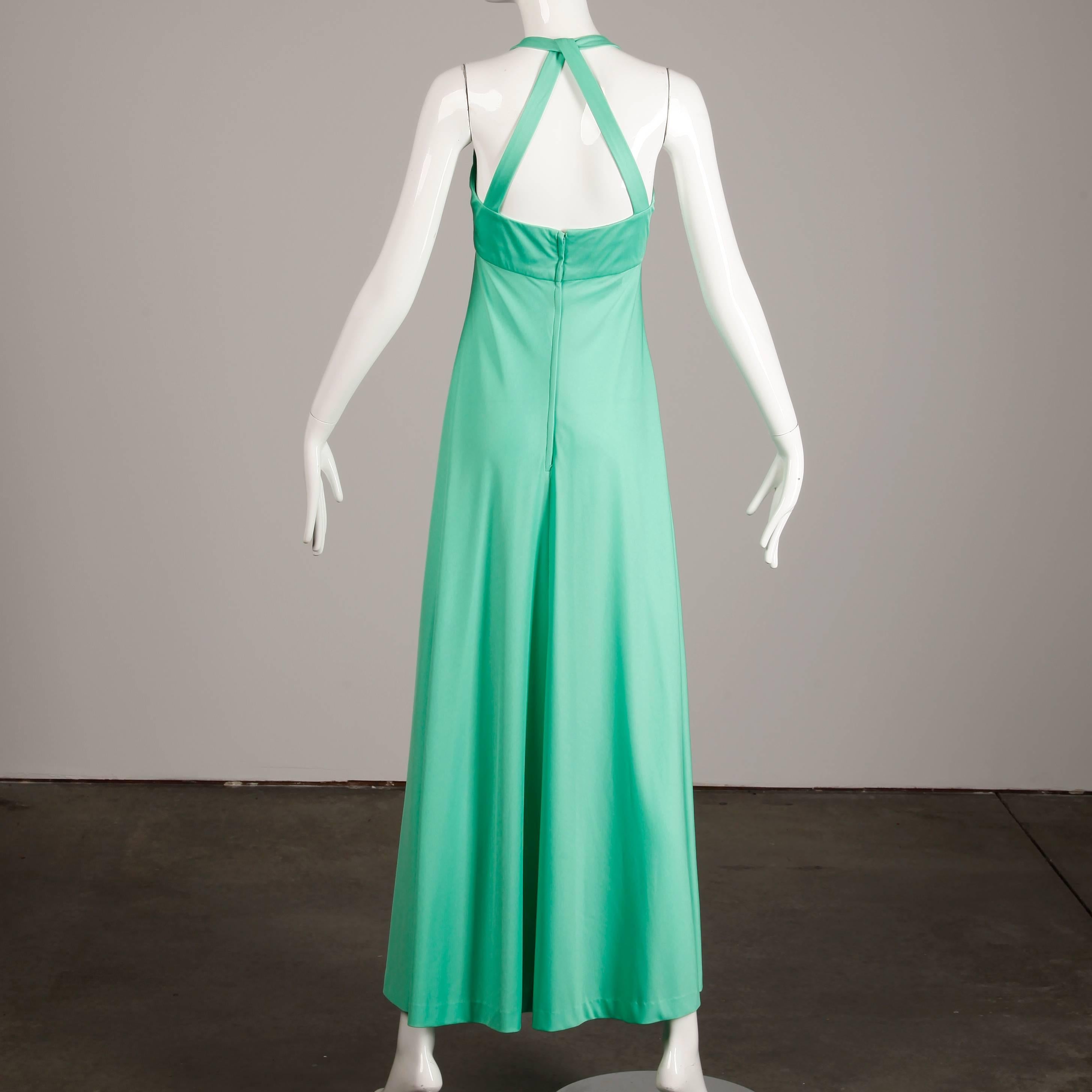 Women's 1970s Joan Leslie by Kasper Vintage Mint Green Maxi Dress + Ostrich Feather Wrap