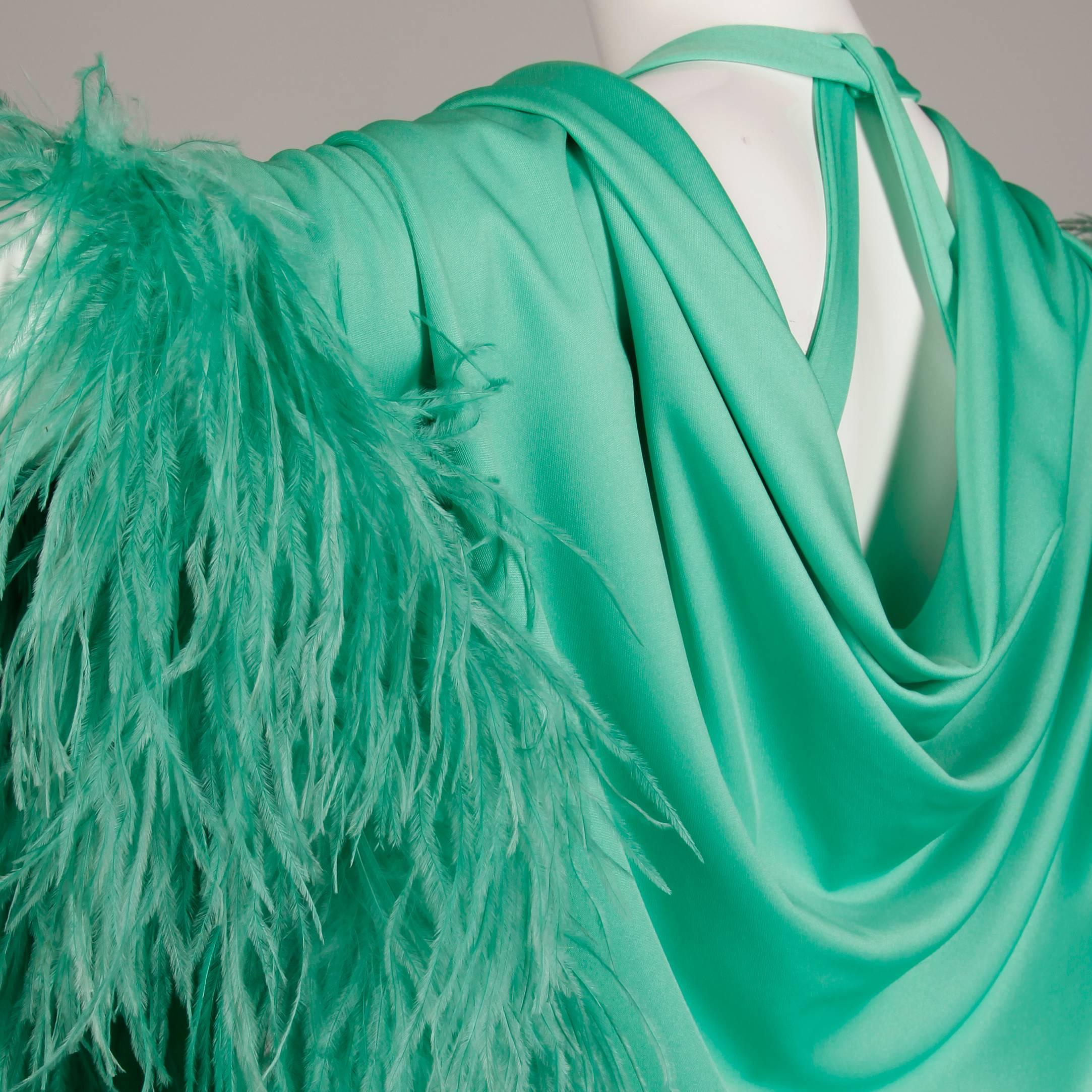 1970s Joan Leslie by Kasper Vintage Mint Green Maxi Dress + Ostrich Feather Wrap 1