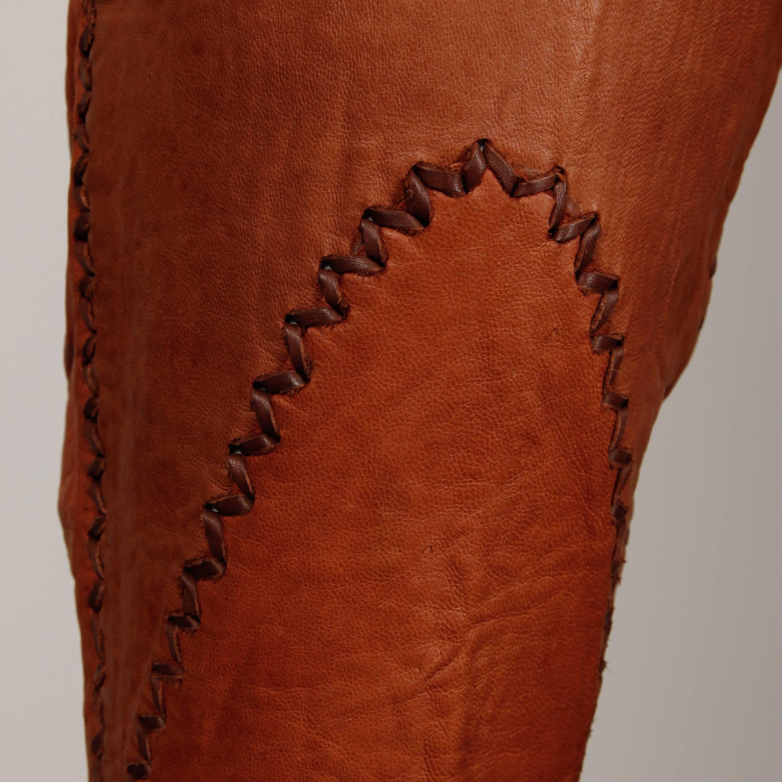 Brown 1970s Vintage North Beach Leather Handmade Lace Up Whip Stitch Bell Bottom Pants