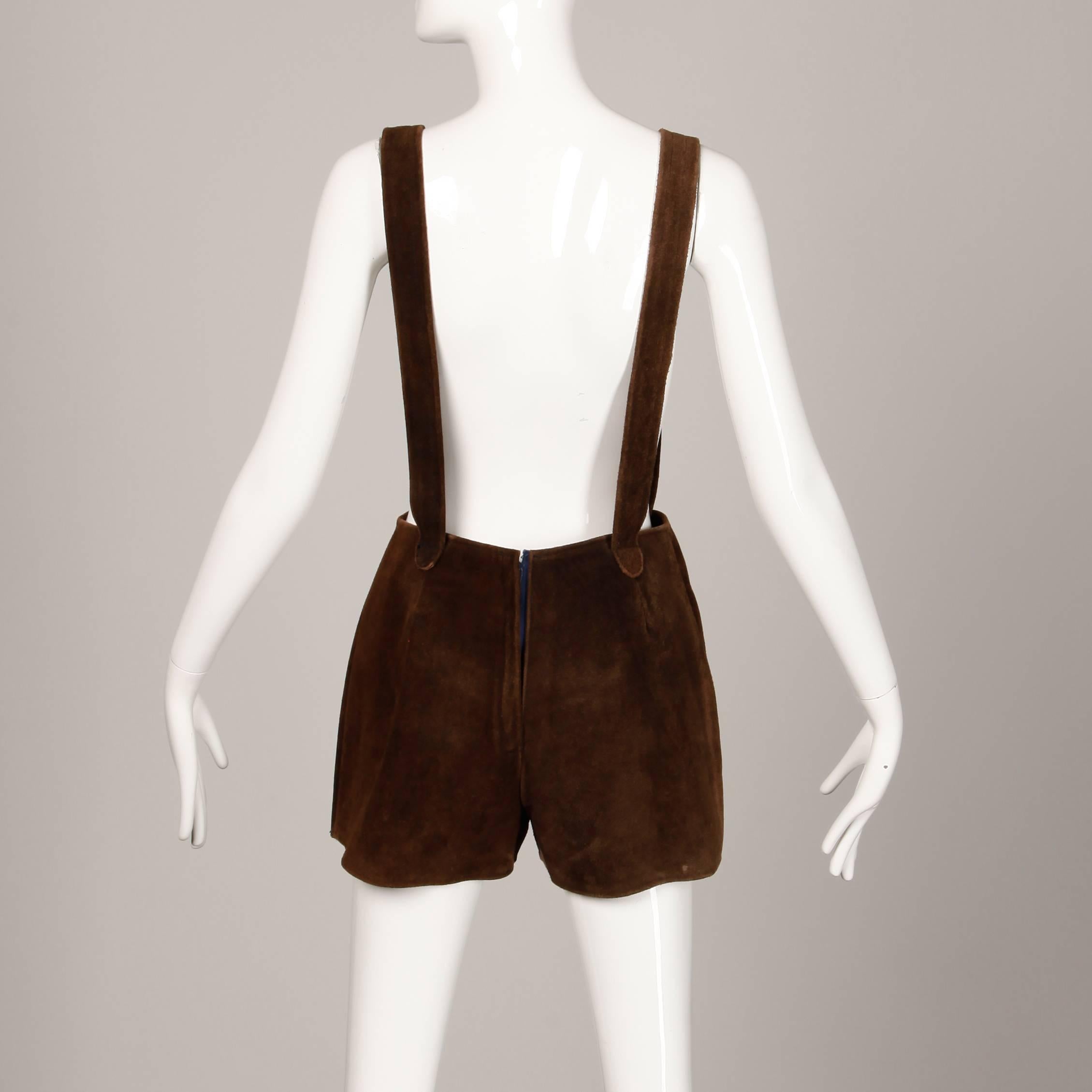 Women's 1970s Vintage Two-Tone Brown Suede Leather Shorts Overalls Onesie