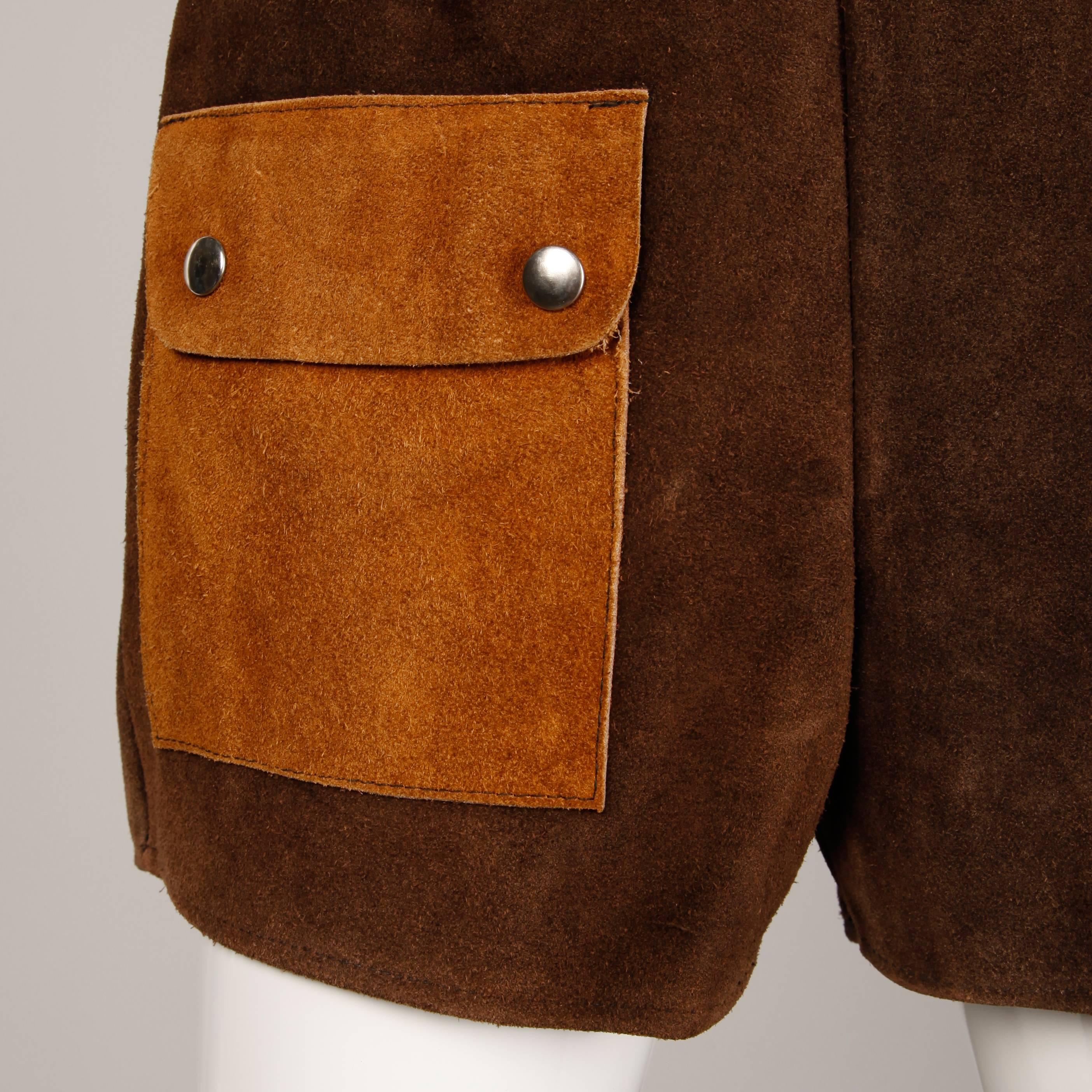 1970s Vintage Two-Tone Brown Suede Leather Shorts Overalls Onesie In Excellent Condition In Sparks, NV