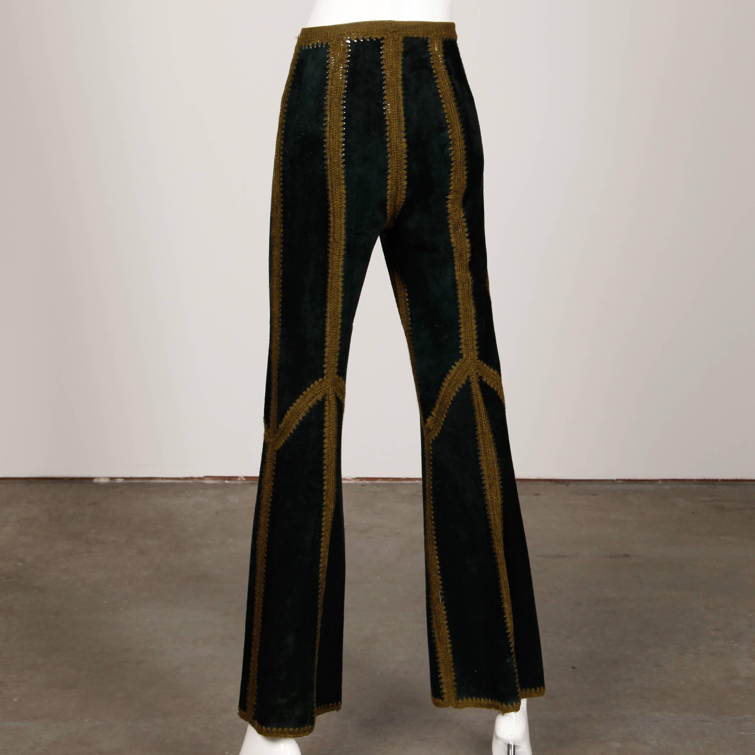 Women's 1970s Vintage Handmade Suede Leather + Crochet Bell Bottom Pants + Vest Ensemble