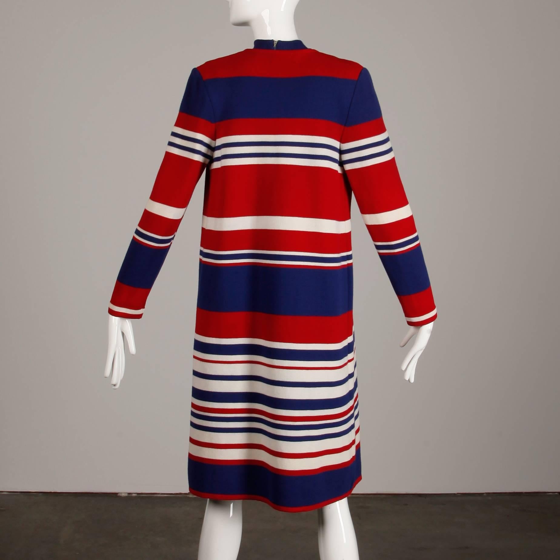 1960s Gia Ninno Vintage 100% Wool Knit Red, White Blue Striped Coat + Dress  In Excellent Condition In Sparks, NV