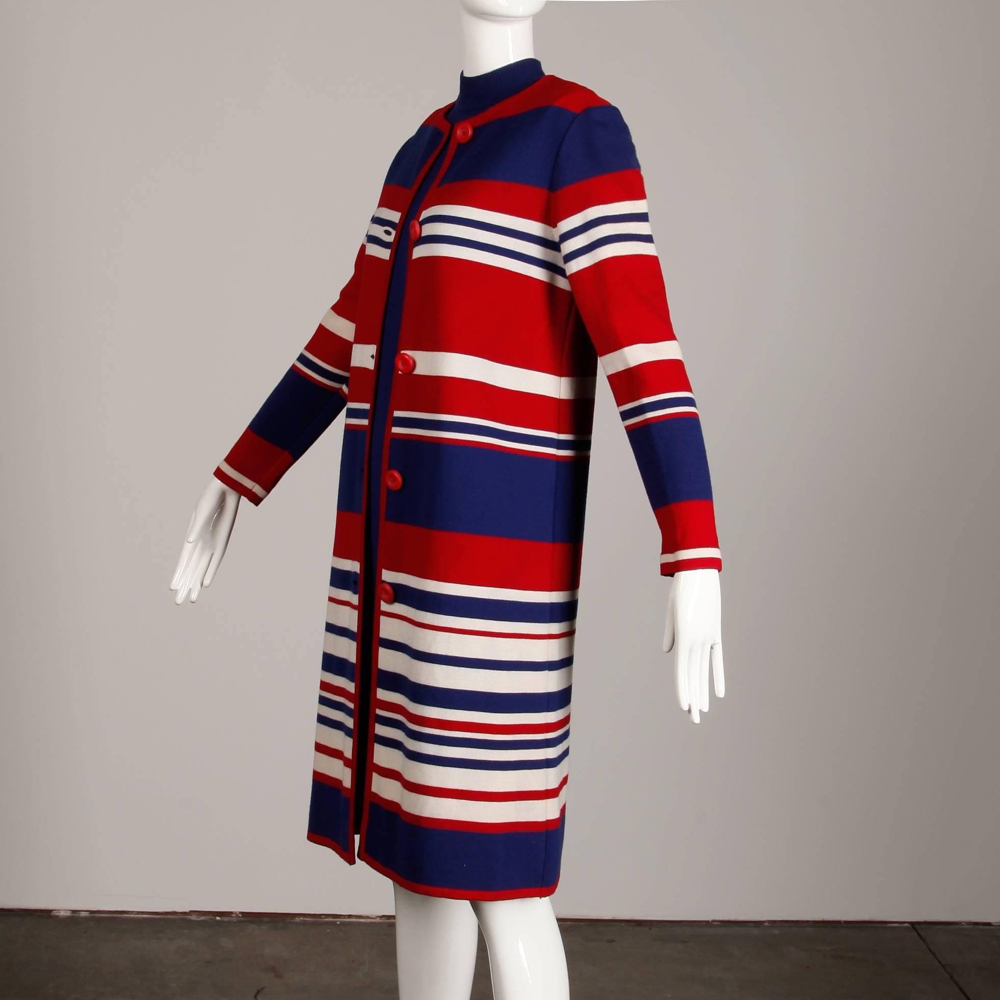 Women's 1960s Gia Ninno Vintage 100% Wool Knit Red, White Blue Striped Coat + Dress 