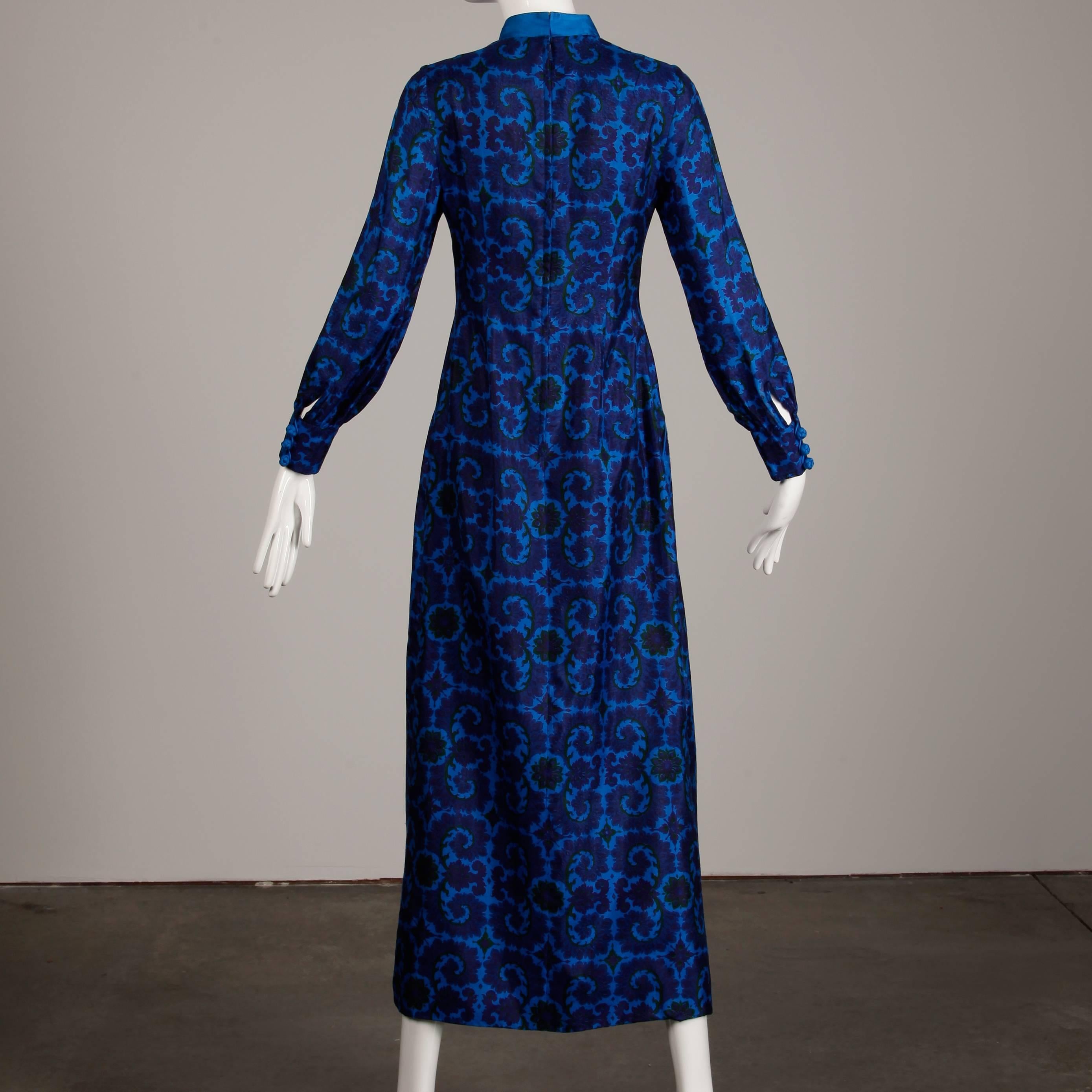 1970s Vintage Asian-Printed Blue Silk Maxi Dress 2