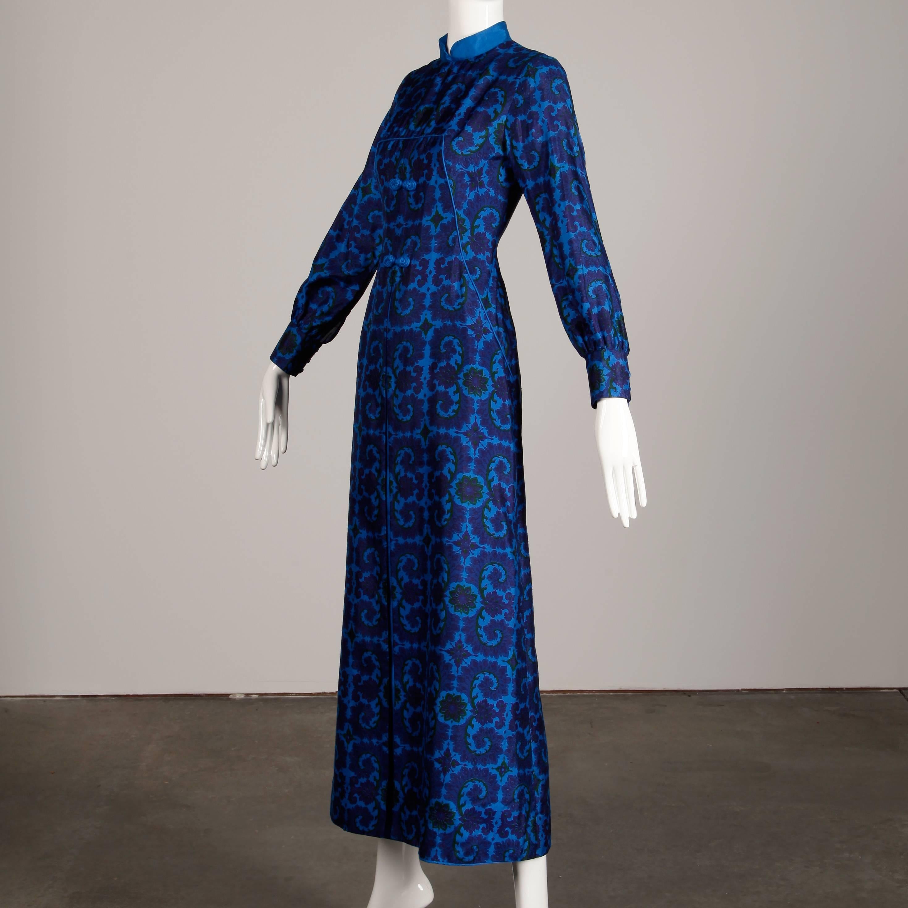 1970s Vintage Asian-Printed Blue Silk Maxi Dress 1