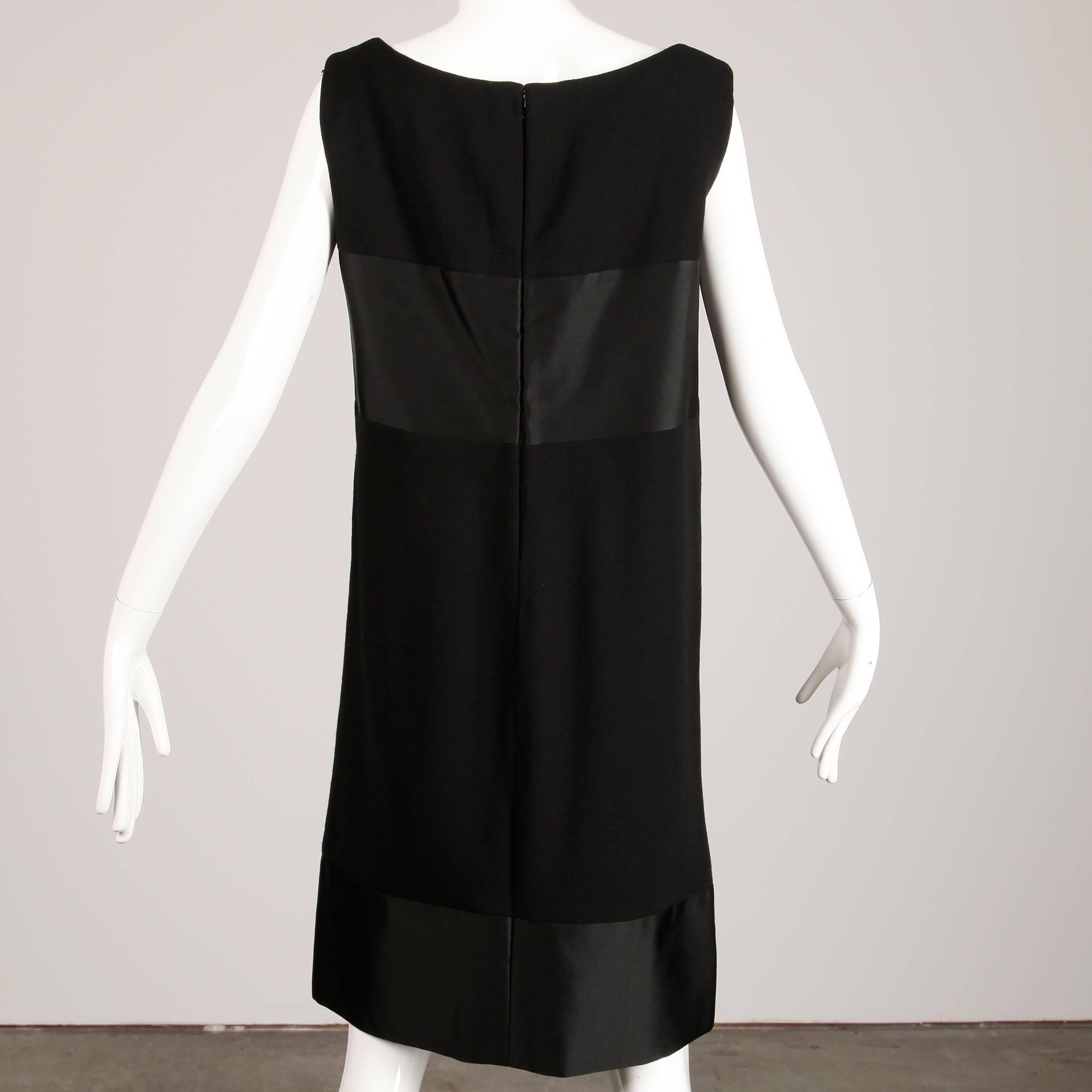 1960s Geoffrey Beene Vintage Black Wool + Silk Fabric Block Mod Shift Dress 1