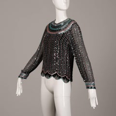 Judith Ann Vintage Black Silk Sequin + Beaded Scalloped Dress Top or Shirt