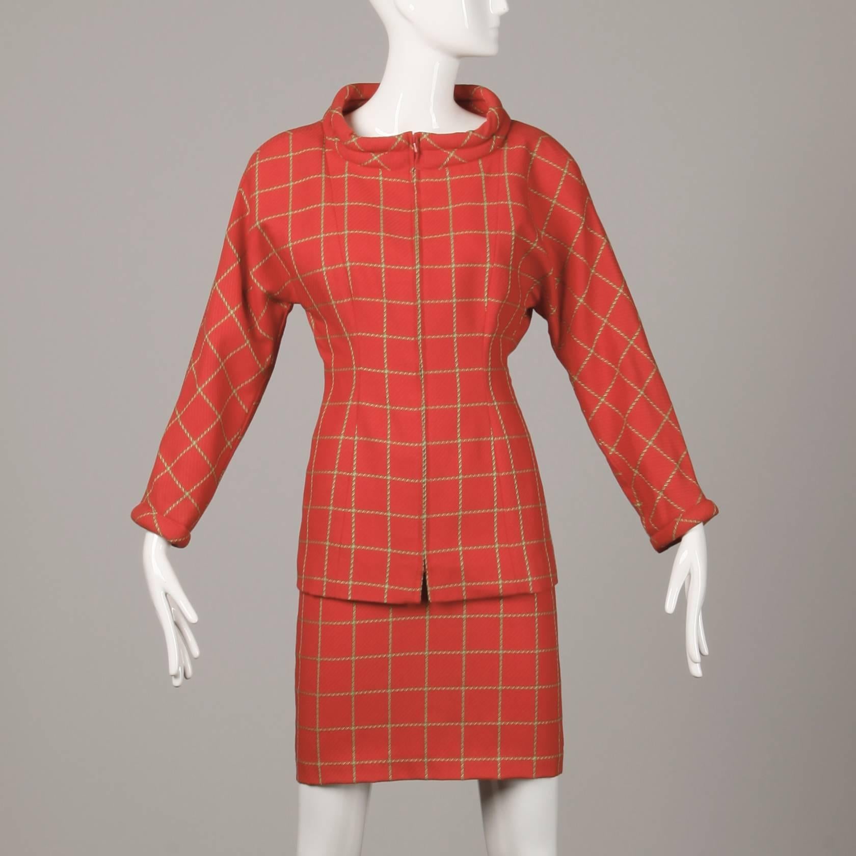 Red 1980s Bernard Perris Vintage Wool/ Cashmere Jacket + Skirt Suit Ensemble For Sale