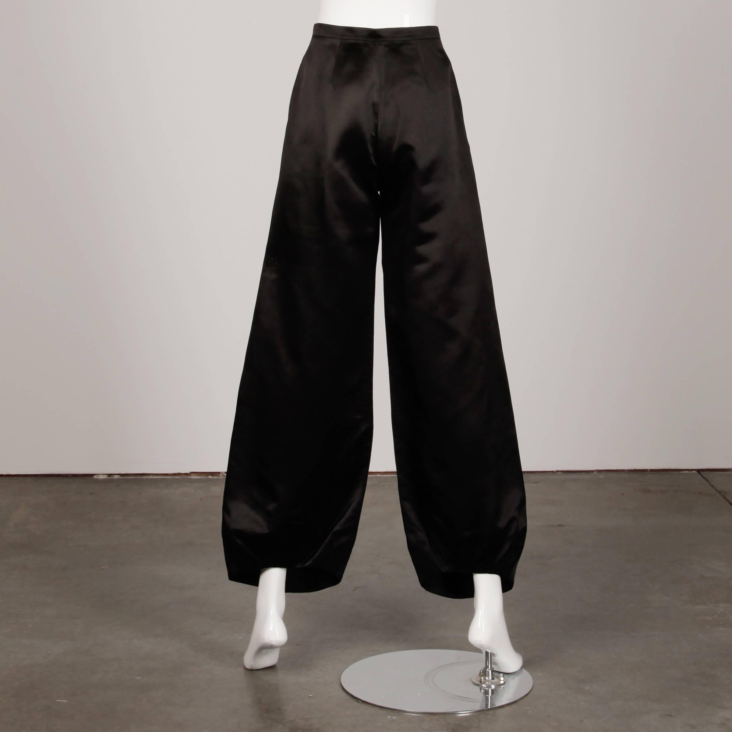 Women's Christian Lacroix Vintage Black Satin Wide Leg Silk Blend Palazzo Pants