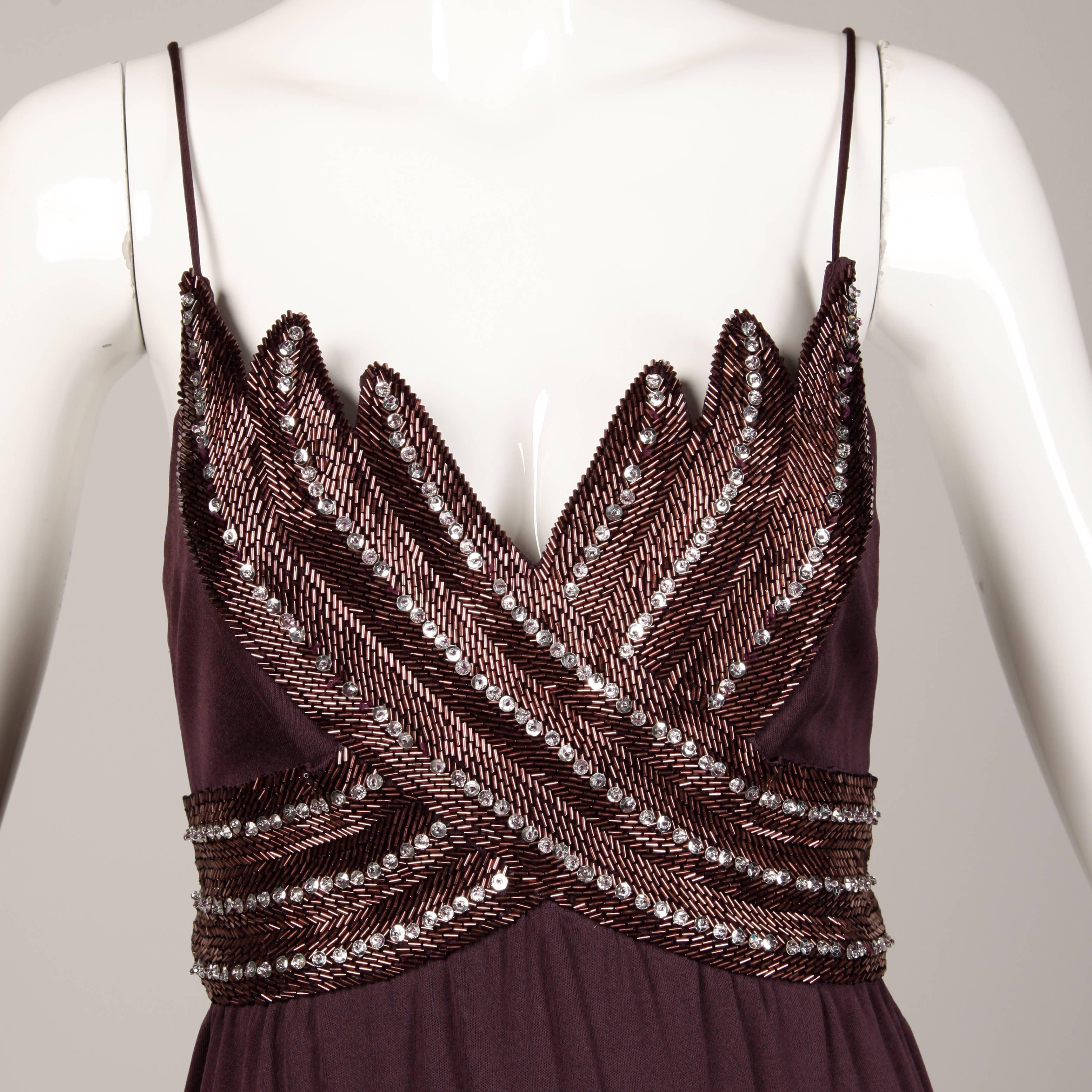 Women's 1970s I. Magnin Vintage Sequin + Beaded Studio 54 Disco Silk Jersey Knit Dress